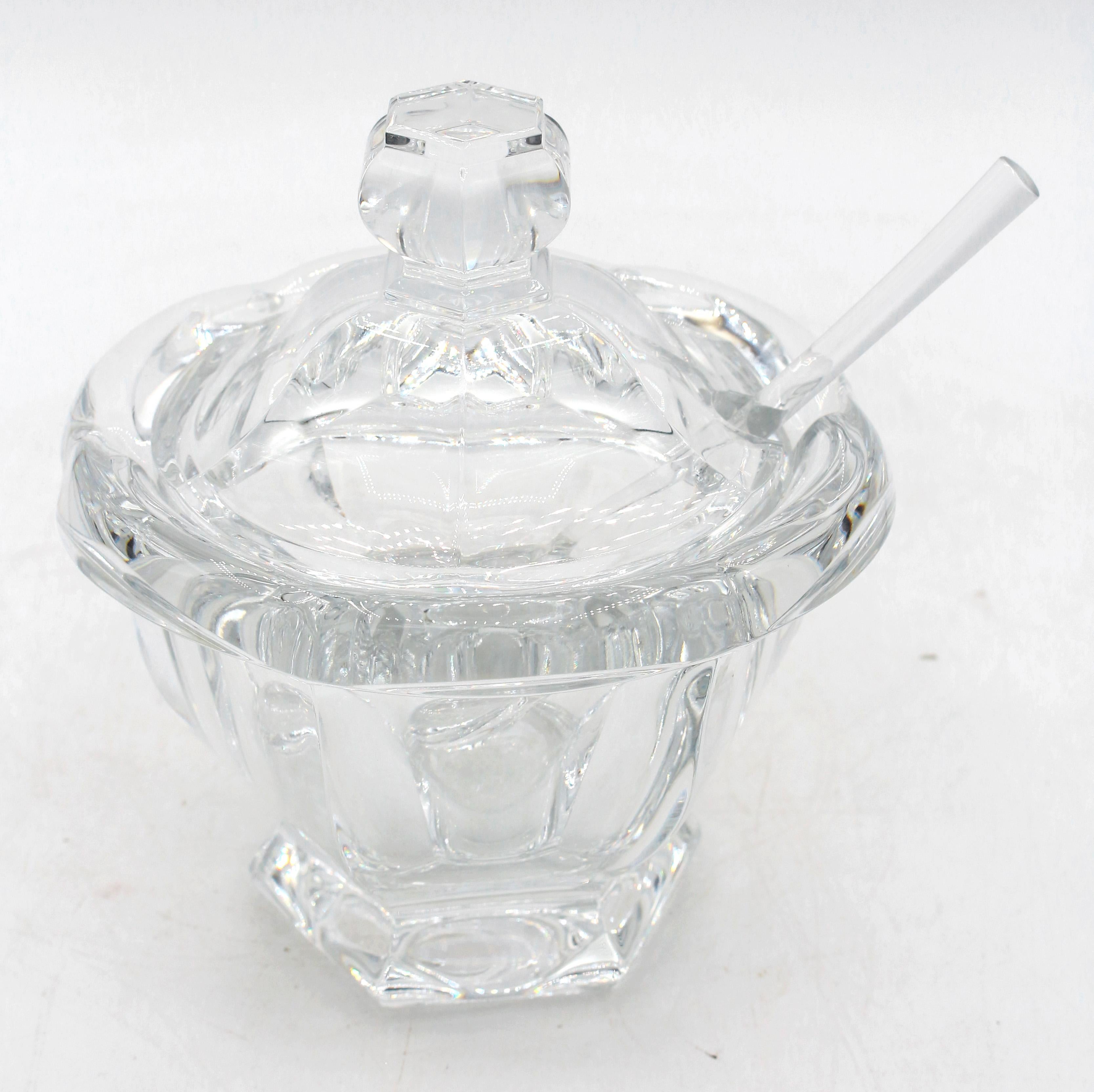 Mid-20th century Baccarat large covered jam pot with spoon & original box. Harcourt Missouri pattern. All parts acid etch signed. Nice for a mustard or sauce too! Covered jam: 5 1/8