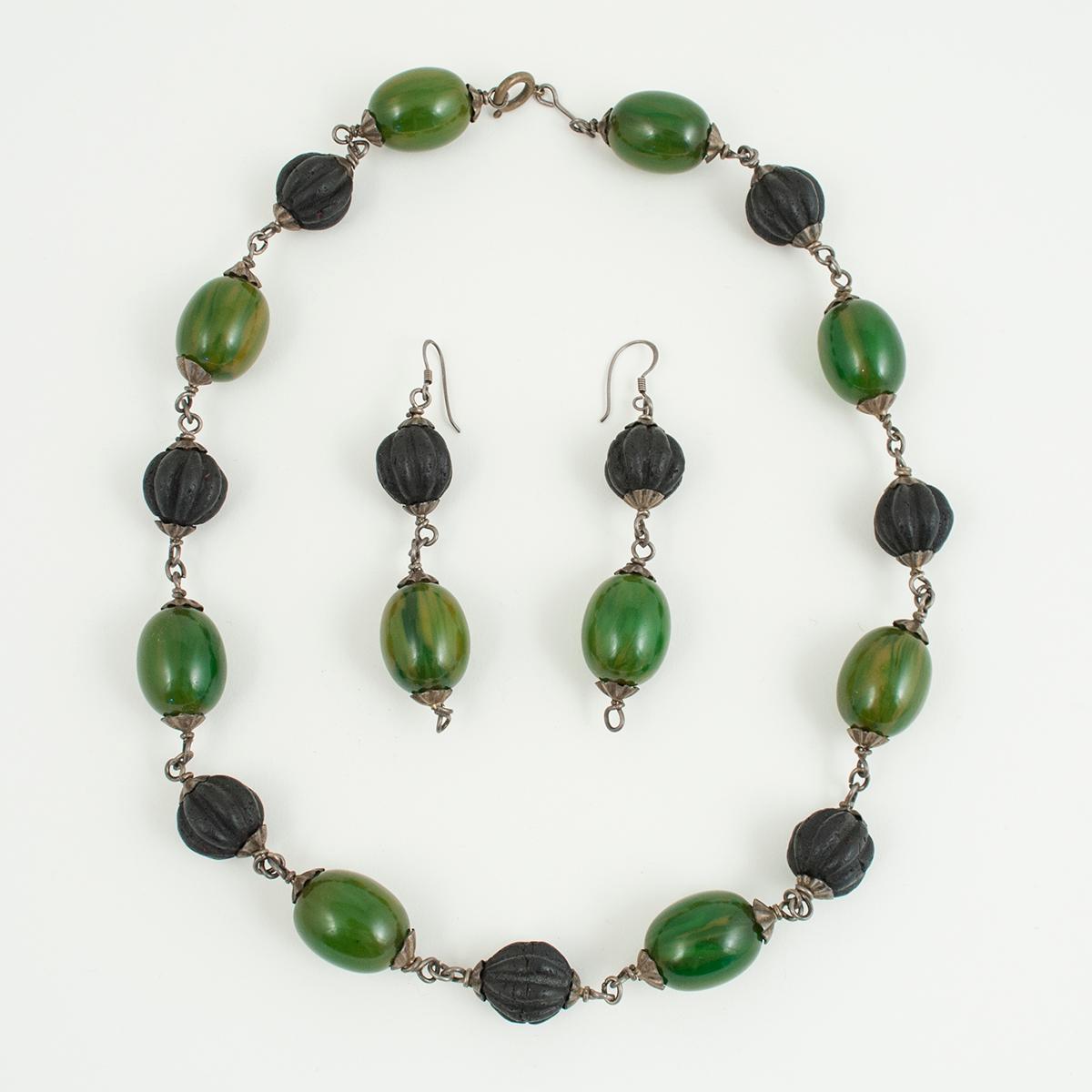 Tribal Mid-20th Century Bakelite and Amber Paste Bead Necklace and Earrings, Tunisia