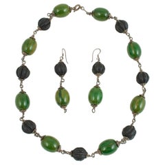 Retro Mid-20th Century Bakelite and Amber Paste Bead Necklace and Earrings, Tunisia