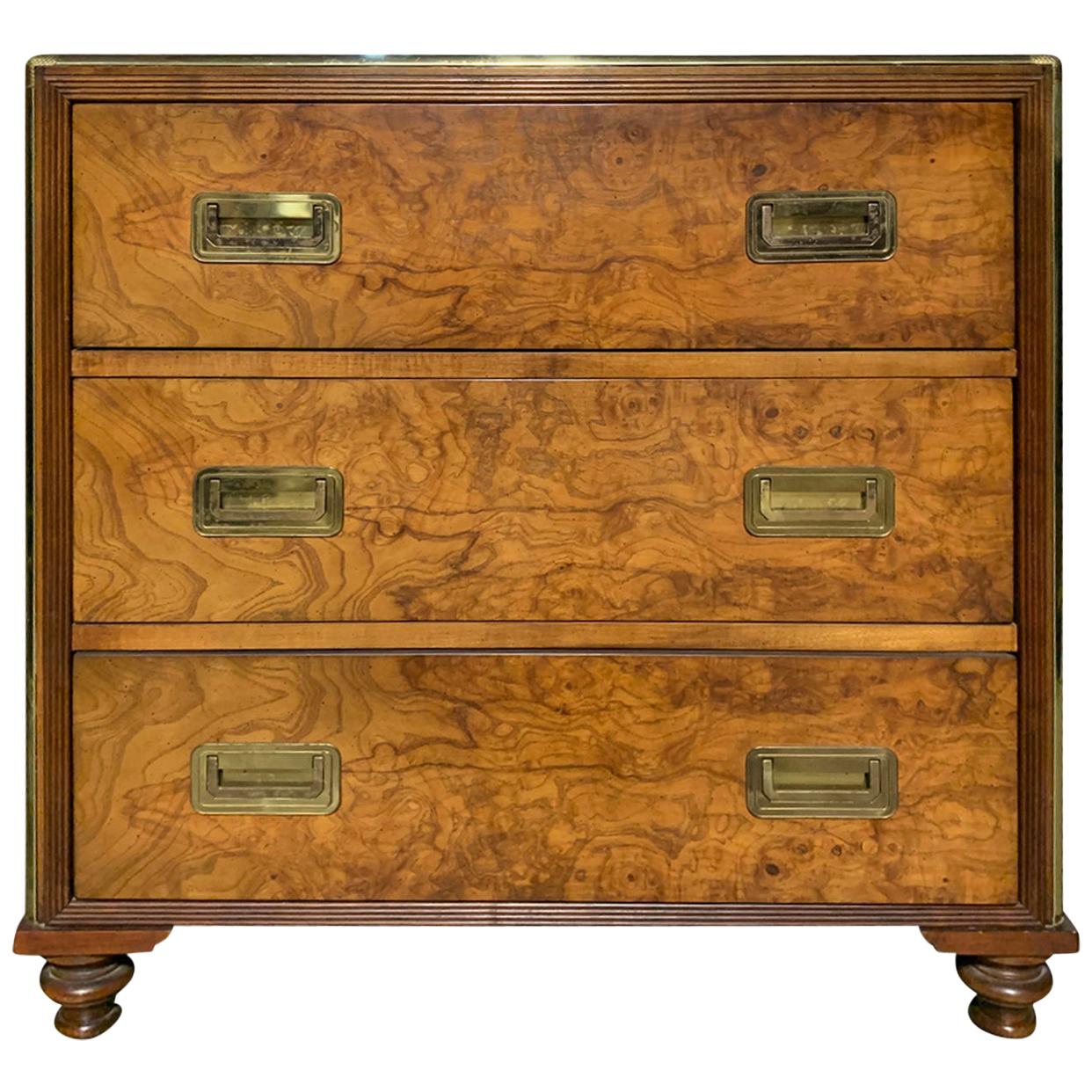 Mid-20th Century Baker Brass Banded and Burled Wood Three-Drawer Chest, Labeled