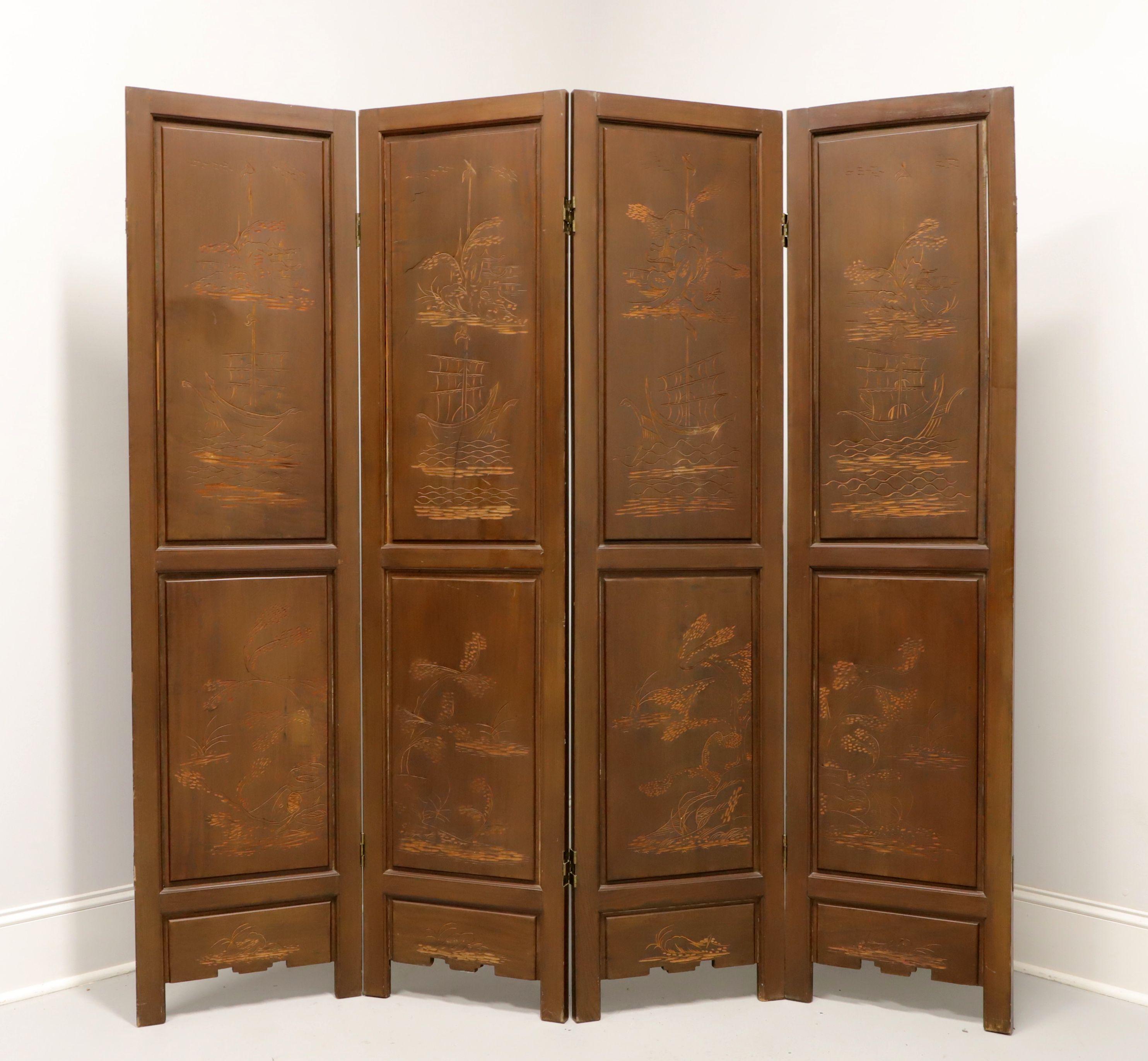 A handcrafted Balinese four-panel room divider screen, artisan unknown. Solid teak with front side being carved out of and reverse side being carved into the teak. Twelve individual panels with intricate detail & workmanship framed together to form