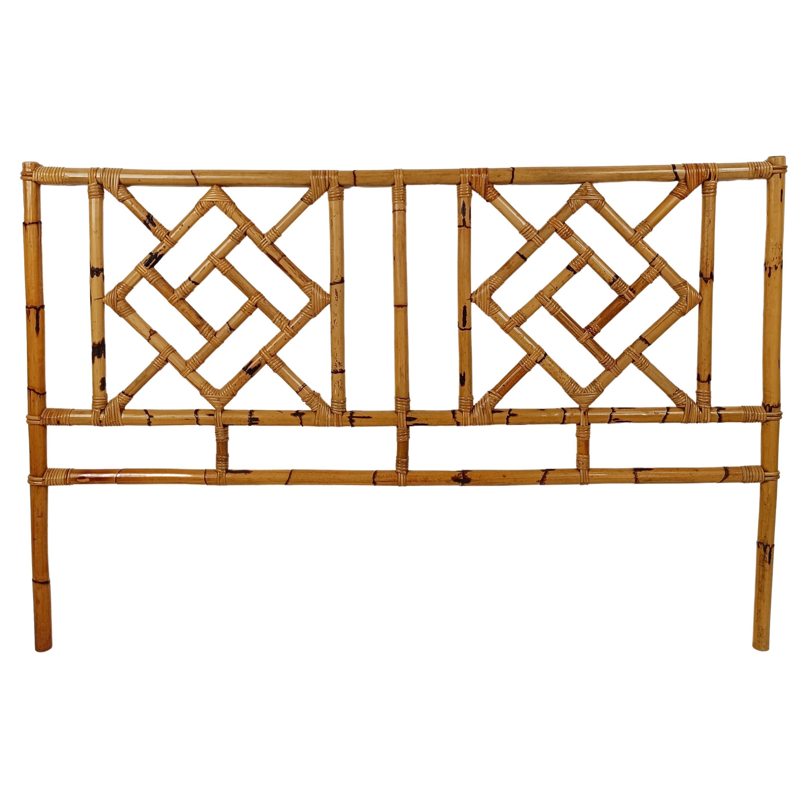 MId 20th Century Bamboo and Rattan Bed Headboard in Chinese Chippendale style For Sale