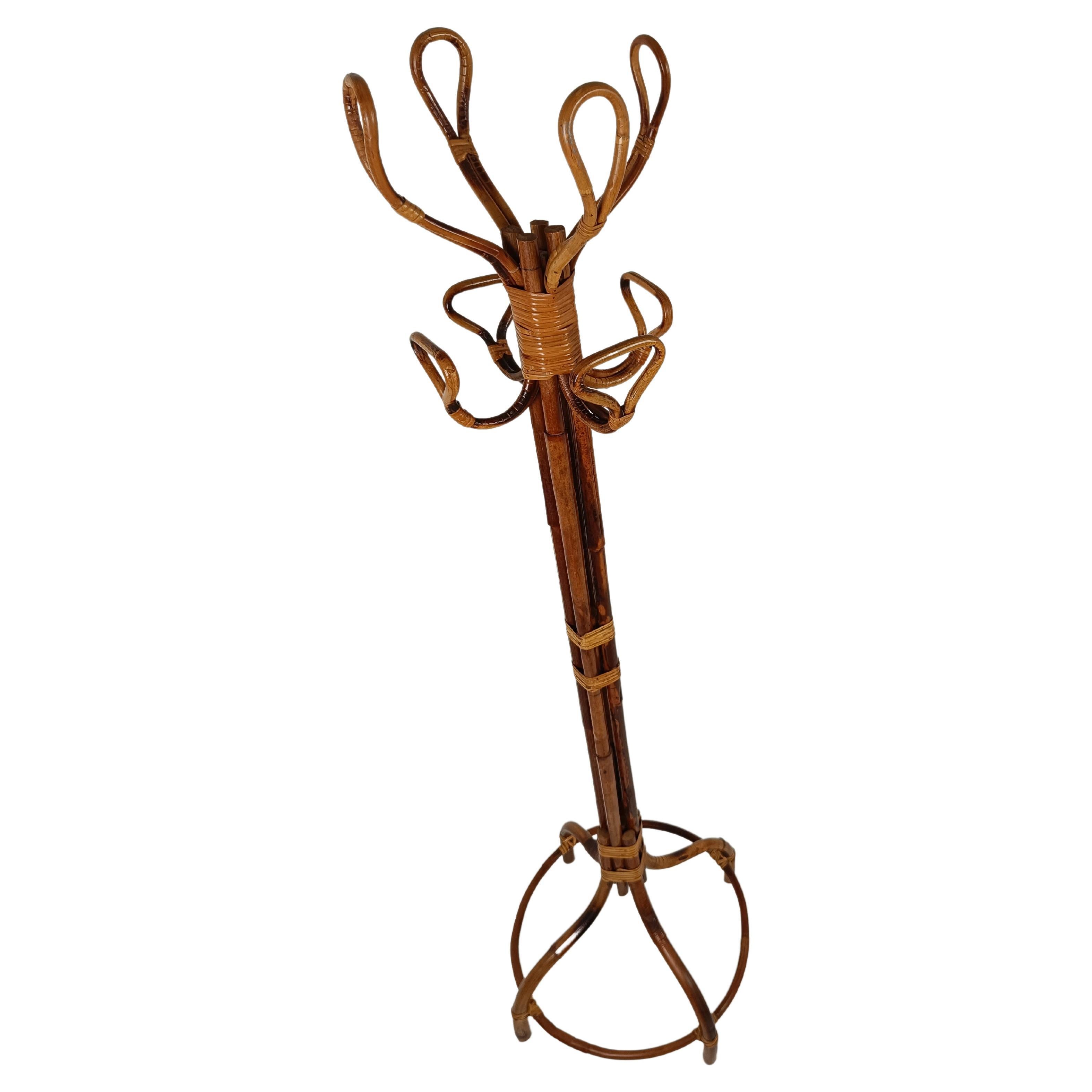 Mid 20th Century Bamboo Cane & Rattan Coat Rack Stand, italy 50s