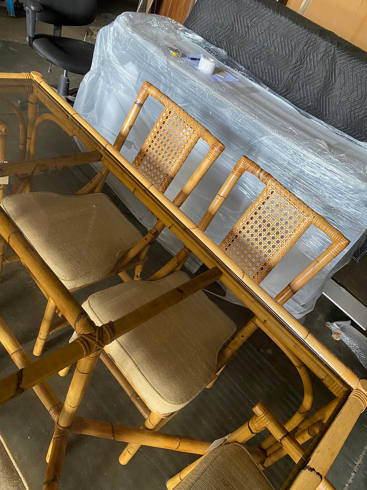 Mid-20th Century Bamboo Dining Table Set with 6 Rattan Dining Chairs For Sale 9