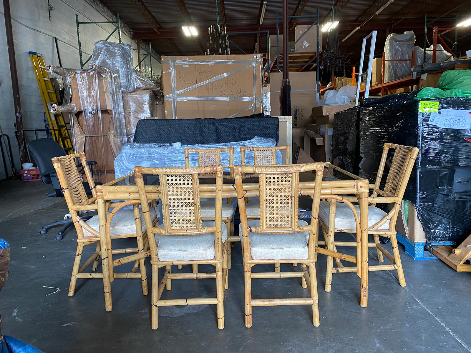 Mid-20th century bamboo dining table set with 6 rattan dining chairs, glass top dining table
Table: 60.5