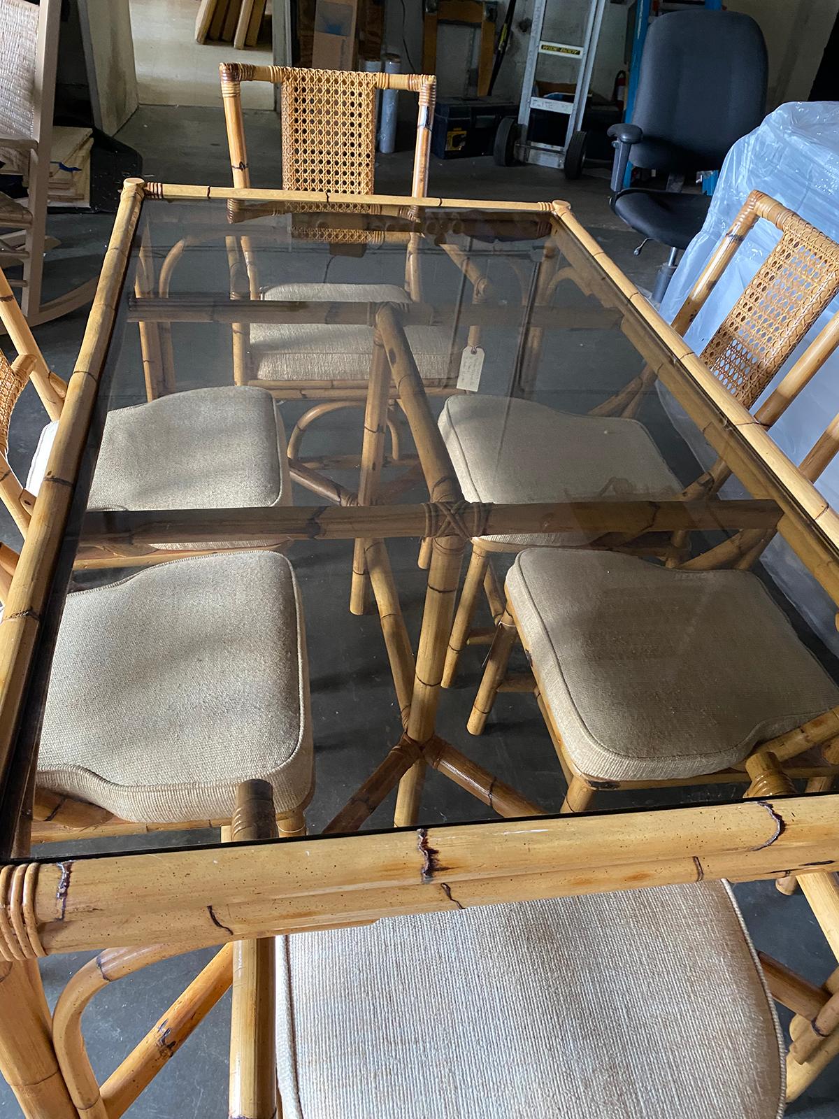 Mid-20th Century Bamboo Dining Table Set with 6 Rattan Dining Chairs For Sale 1