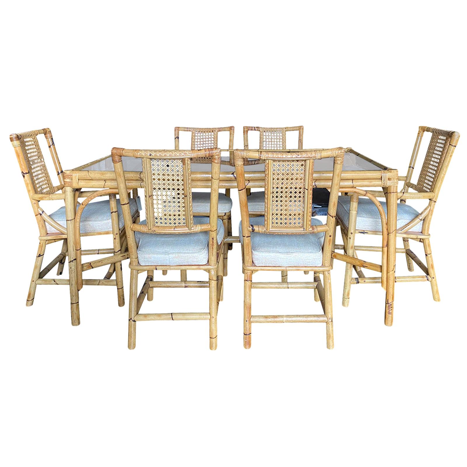 Mid-20th Century Bamboo Dining Table Set with 6 Rattan Dining Chairs For Sale