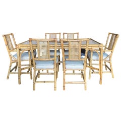 Mid-20th Century Bamboo Dining Table Set with 6 Rattan Dining Chairs