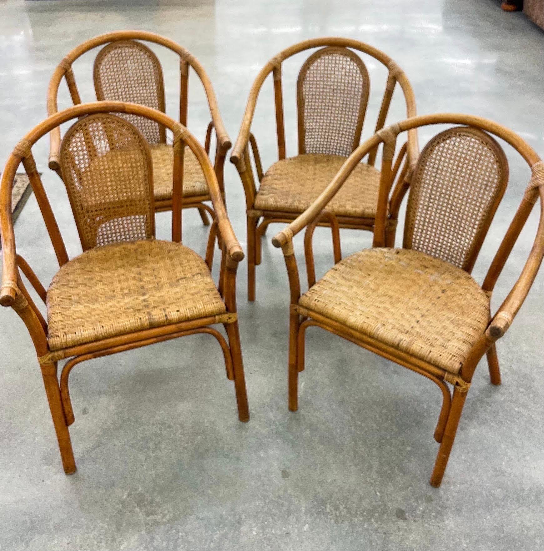 Esszimmerstühle aus Bambus und Rattan aus der Mitte des 20. Jahrhunderts mit Rohr-Intarsienrückenlehne – 4er-Set im Angebot 6