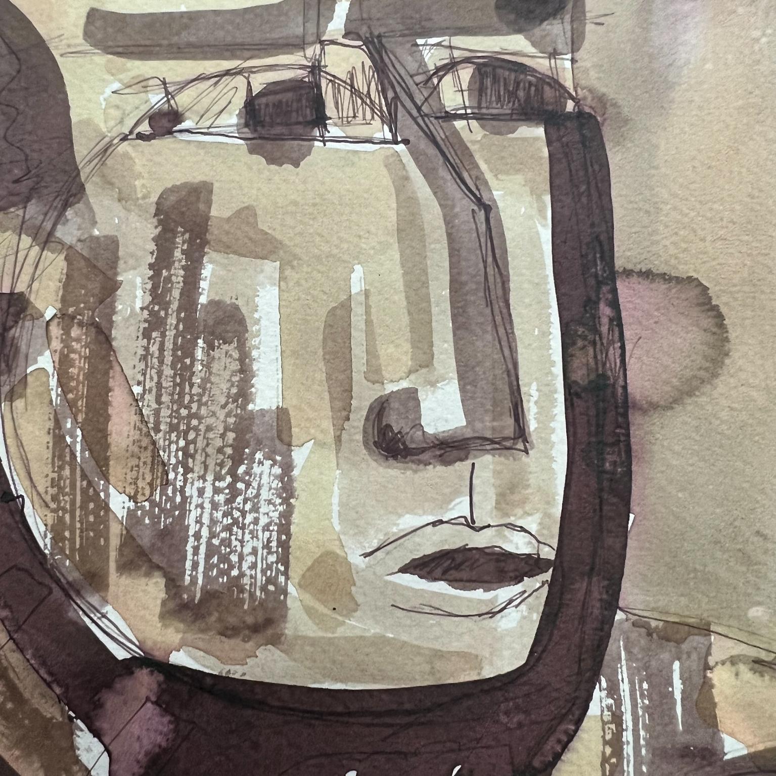 Mid 20th Century Beautiful Brown Face Watercolor Ink on Paper Signed, 1967 For Sale 3