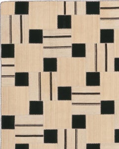 Tapis vintage kilim à motifs géométriques, beige et noir, datant du milieu du XXe siècle