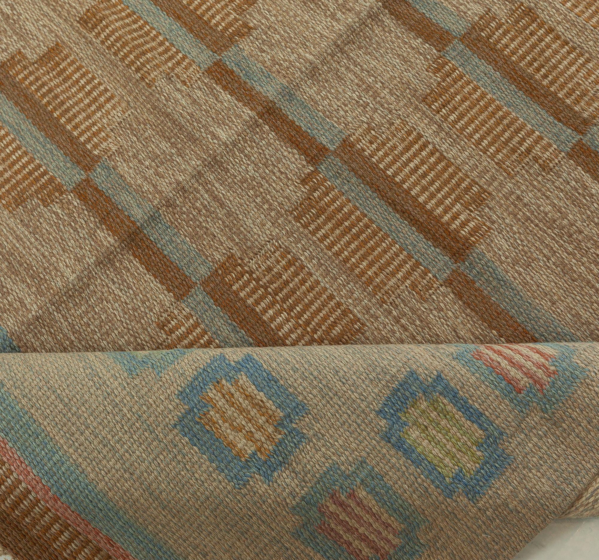 Mid-20th Century Beige, Aqua, Brown Swedish flat-weave rug signed by (AGA) at Doris Leslie Blau
Size: 5'4