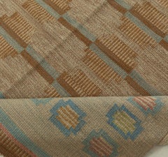 Mid-20th Century Beige, Aqua, Brown Swedish Flat-Weave Wool Rug Signed by AGA