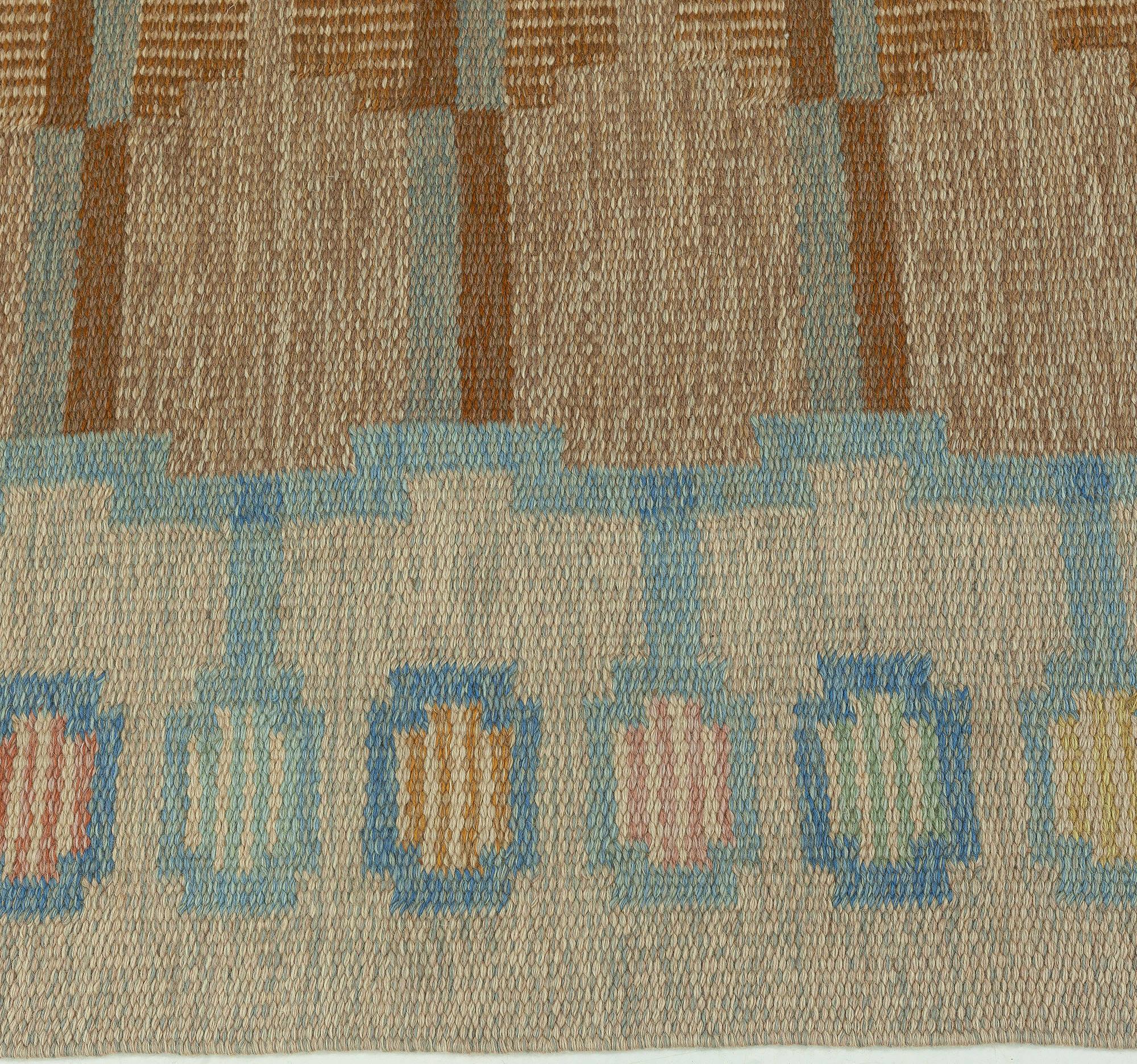 Mid-Century Modern Mid-20th Century Beige, Aqua, Brown Swedish Flat-Weave Wool Rug Signed by AGA