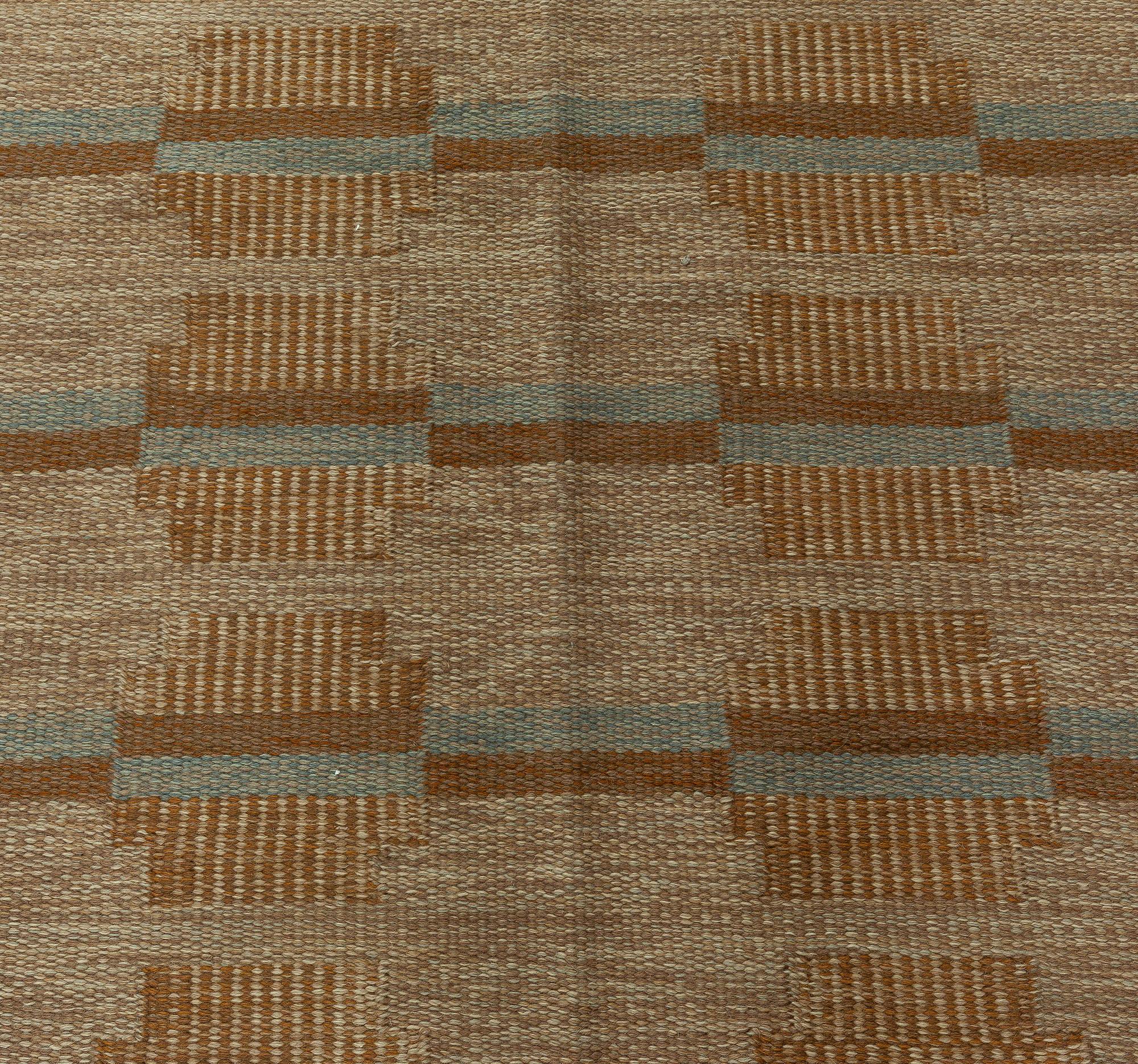 Hand-Knotted Mid-20th Century Beige, Aqua, Brown Swedish Flat-Weave Wool Rug Signed by AGA