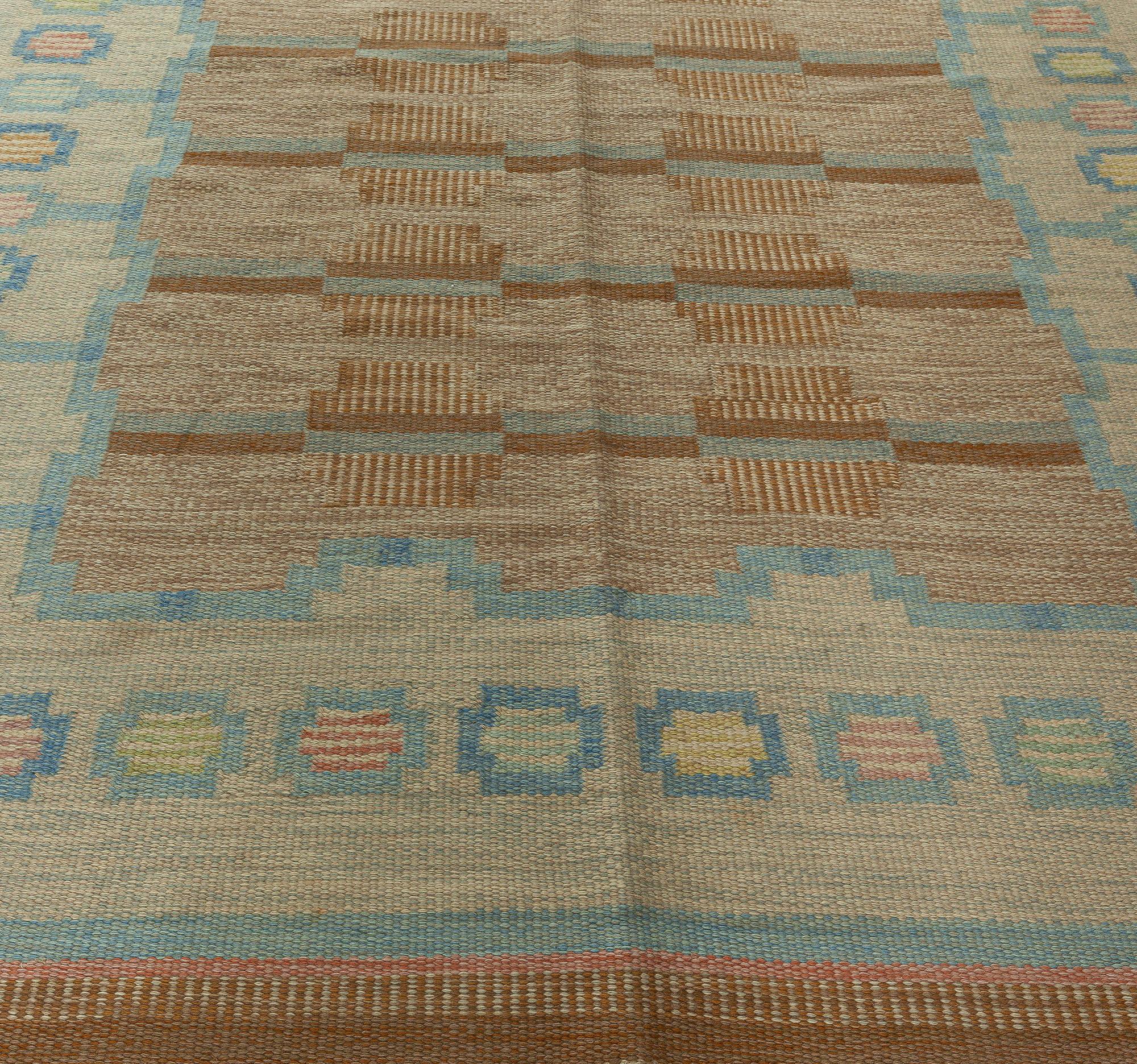 Mid-20th Century Beige, Aqua, Brown Swedish Flat-Weave Wool Rug Signed by AGA In Good Condition In New York, NY