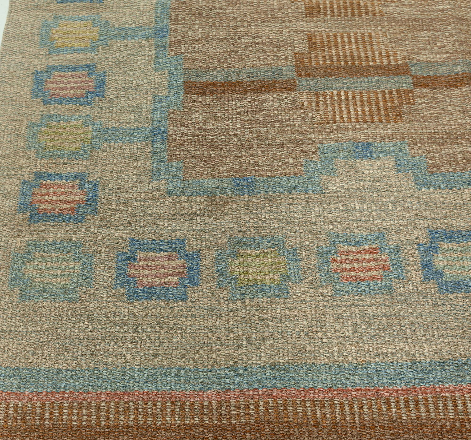 Mid-20th Century Beige, Aqua, Brown Swedish Flat-Weave Wool Rug Signed by AGA 1