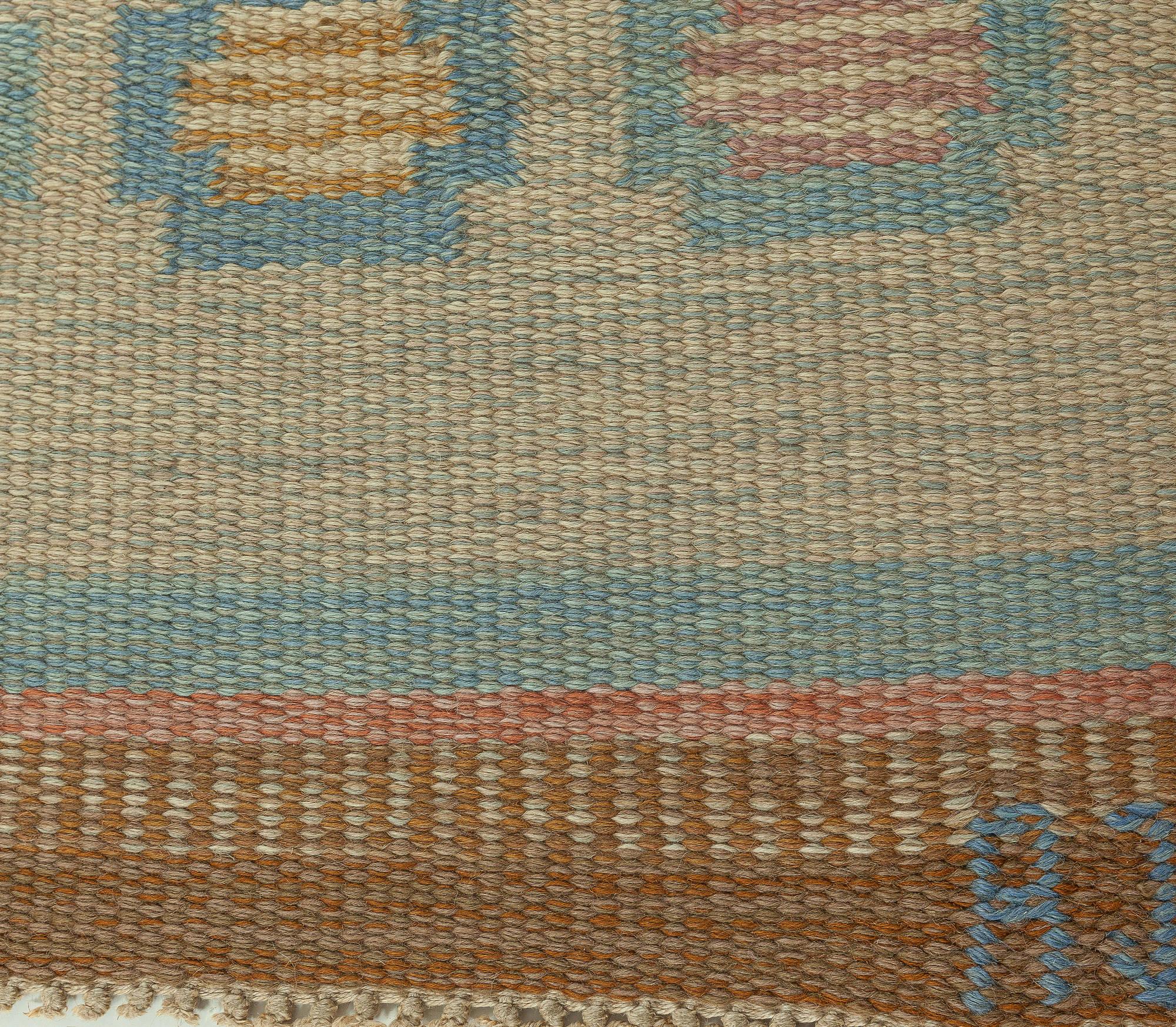 Mid-20th Century Beige, Aqua, Brown Swedish Flat-Weave Wool Rug Signed by AGA 2