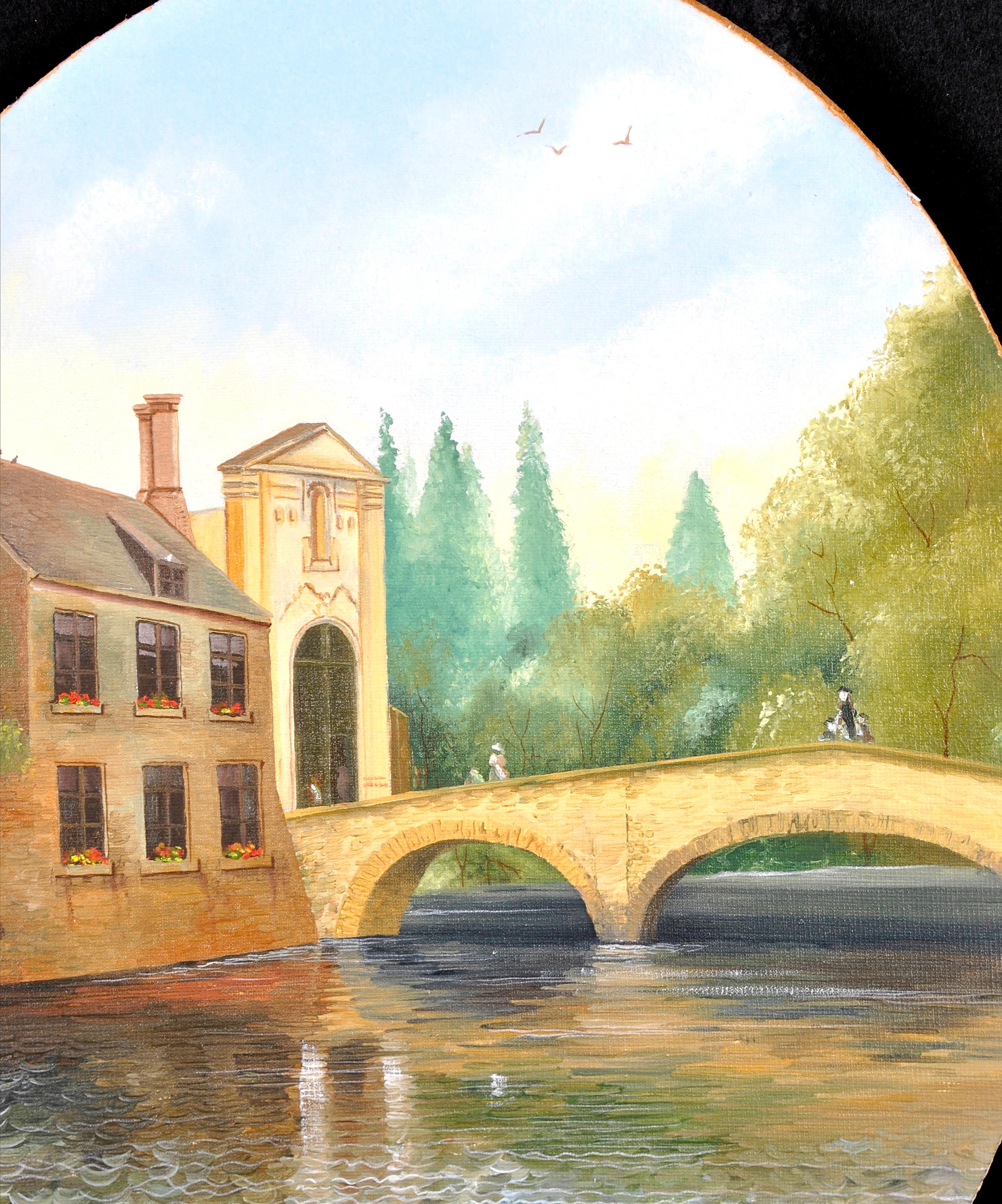 A beautiful 1960's Belgian naif oil on canvas board depicting a bridge, probably in Bruges, with figures and buildings. 

The work is very nicely painted in the naif style and in very good original condition. The waves are a particularly nice