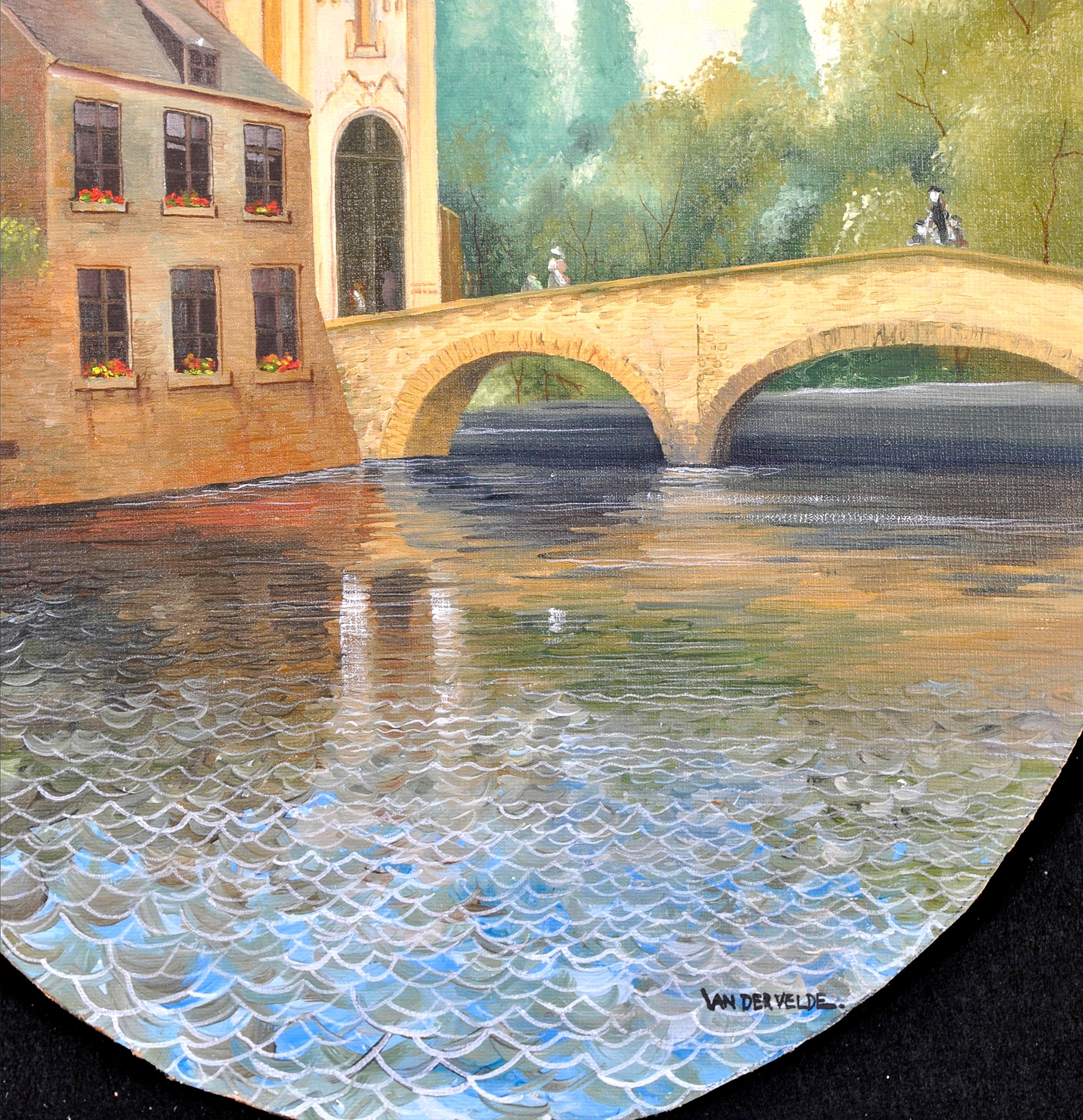 Bridge in Bruges - Mid 20th Century Belgian Naif Naive Landscape Oil Painting For Sale 1