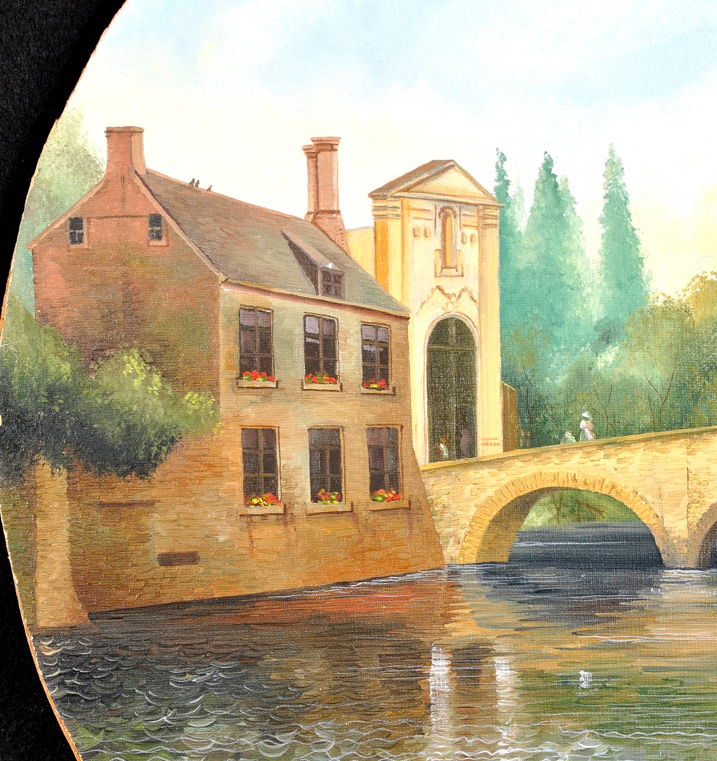 Bridge in Bruges - Mid 20th Century Belgian Naif Naive Landscape Oil Painting For Sale 5