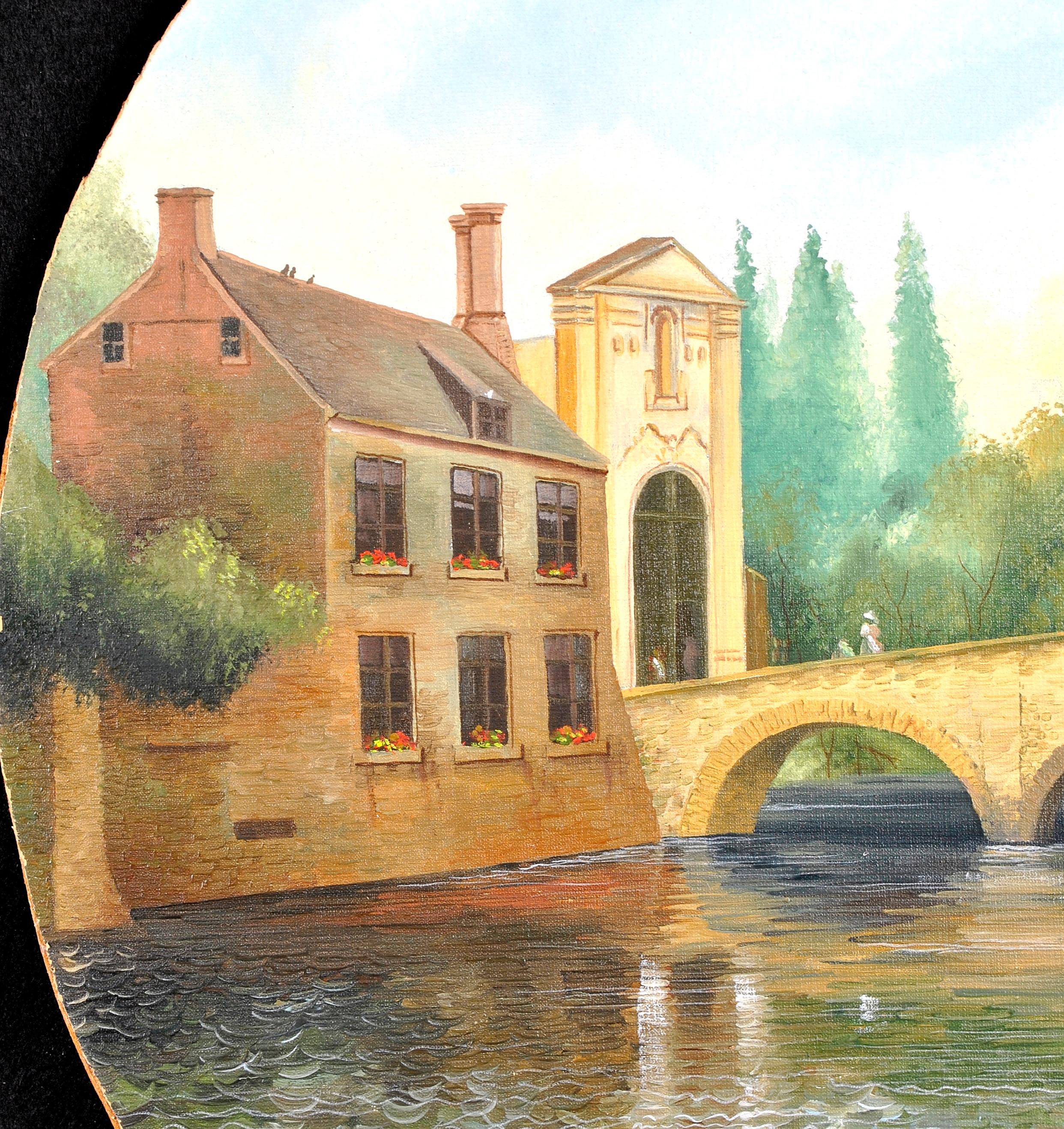 Bridge in Bruges – belgische naive Landschaft, Ölgemälde, Mitte des 20. Jahrhunderts im Angebot 3