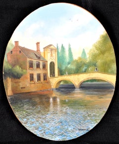 Bridge in Bruges – belgische naive Landschaft, Ölgemälde, Mitte des 20. Jahrhunderts