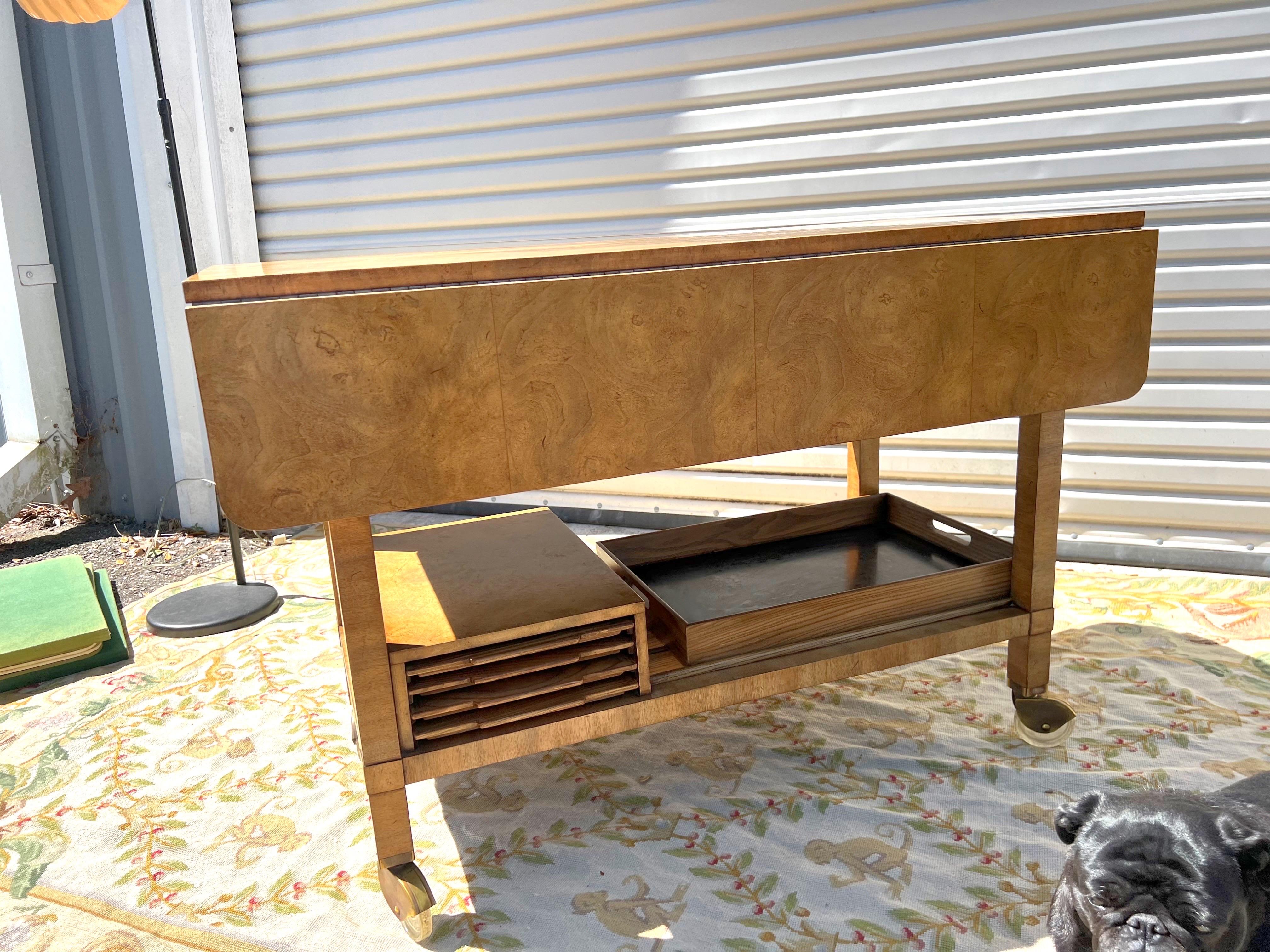1970’s Burlwood and Brass server/ bar cart by Mastercraft  In Good Condition In Charleston, SC