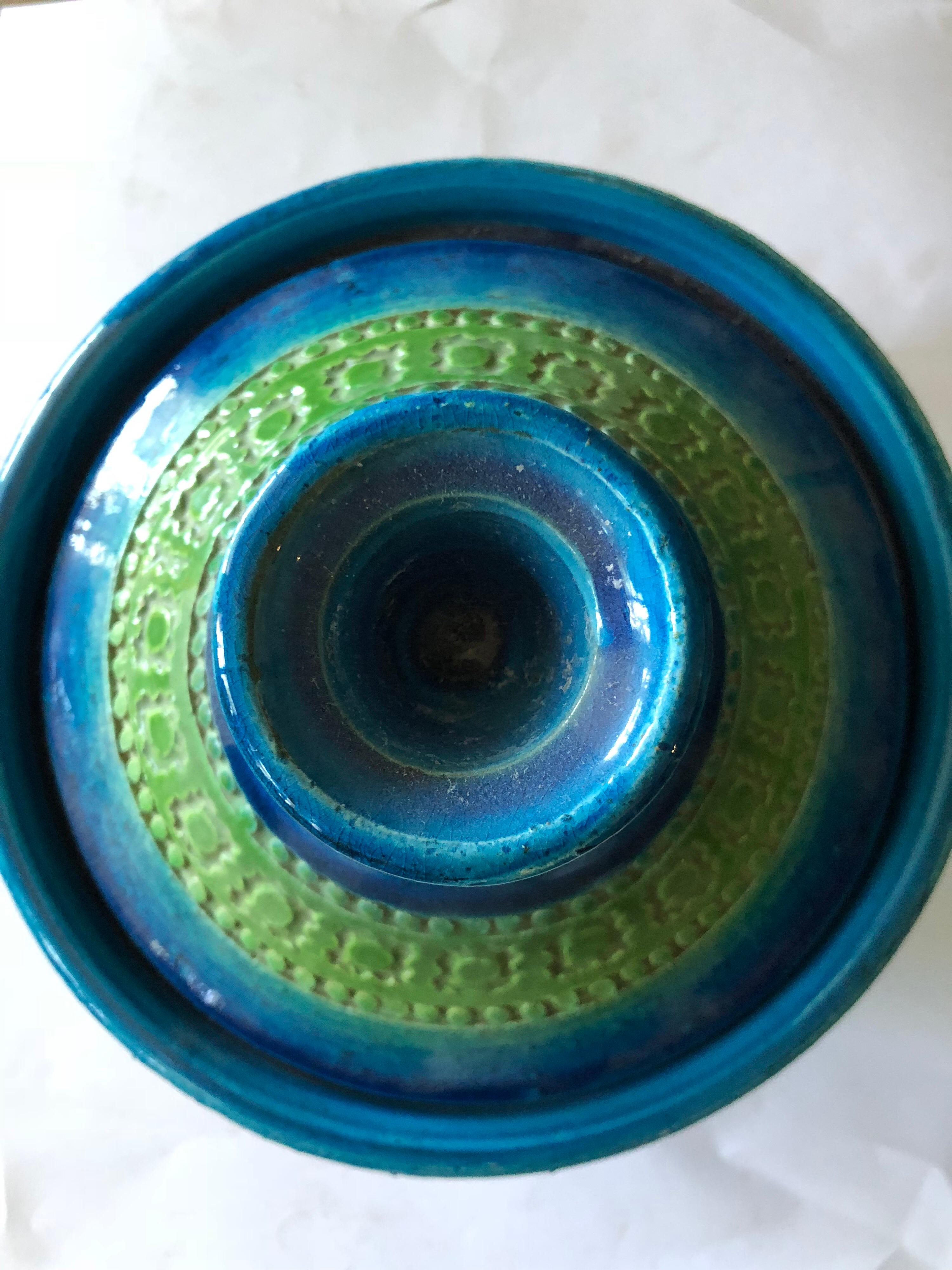 Mid-20th century Aldo Landi Bitossi lidded bowl 
Textured art pottery 
Green and turquoise luster glaze 
circa 1960s.