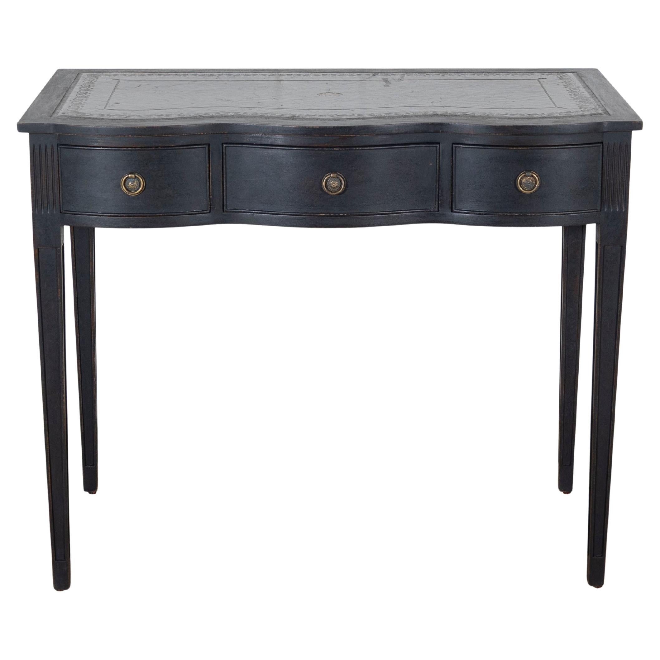 Mid-20th Century Black Console Desk with Curved Front and Original Leather Top