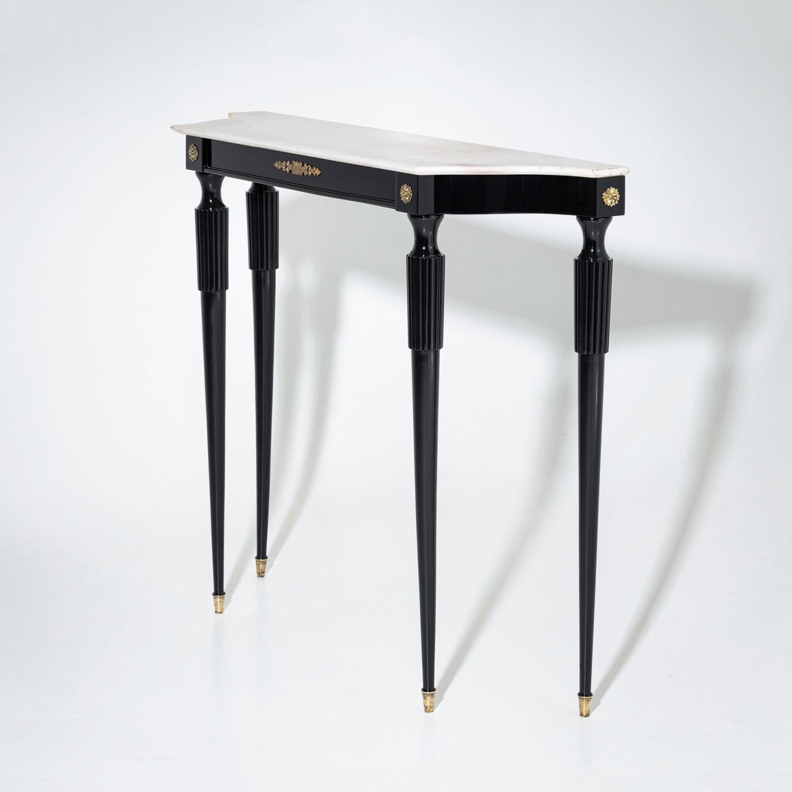 Brass Mid-20th Century Black Console Table with White Stone Top, Italy For Sale