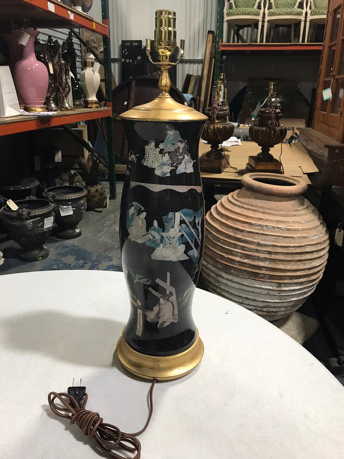 Mid-20th Century Black Decoupage Lamp on Custom Giltwood Base For Sale 7