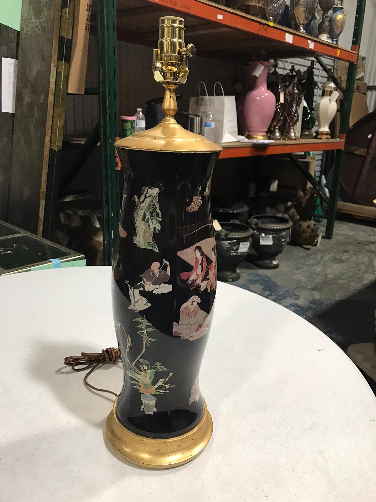 Mid-20th Century Black Decoupage Lamp on Custom Giltwood Base In Good Condition For Sale In Atlanta, GA