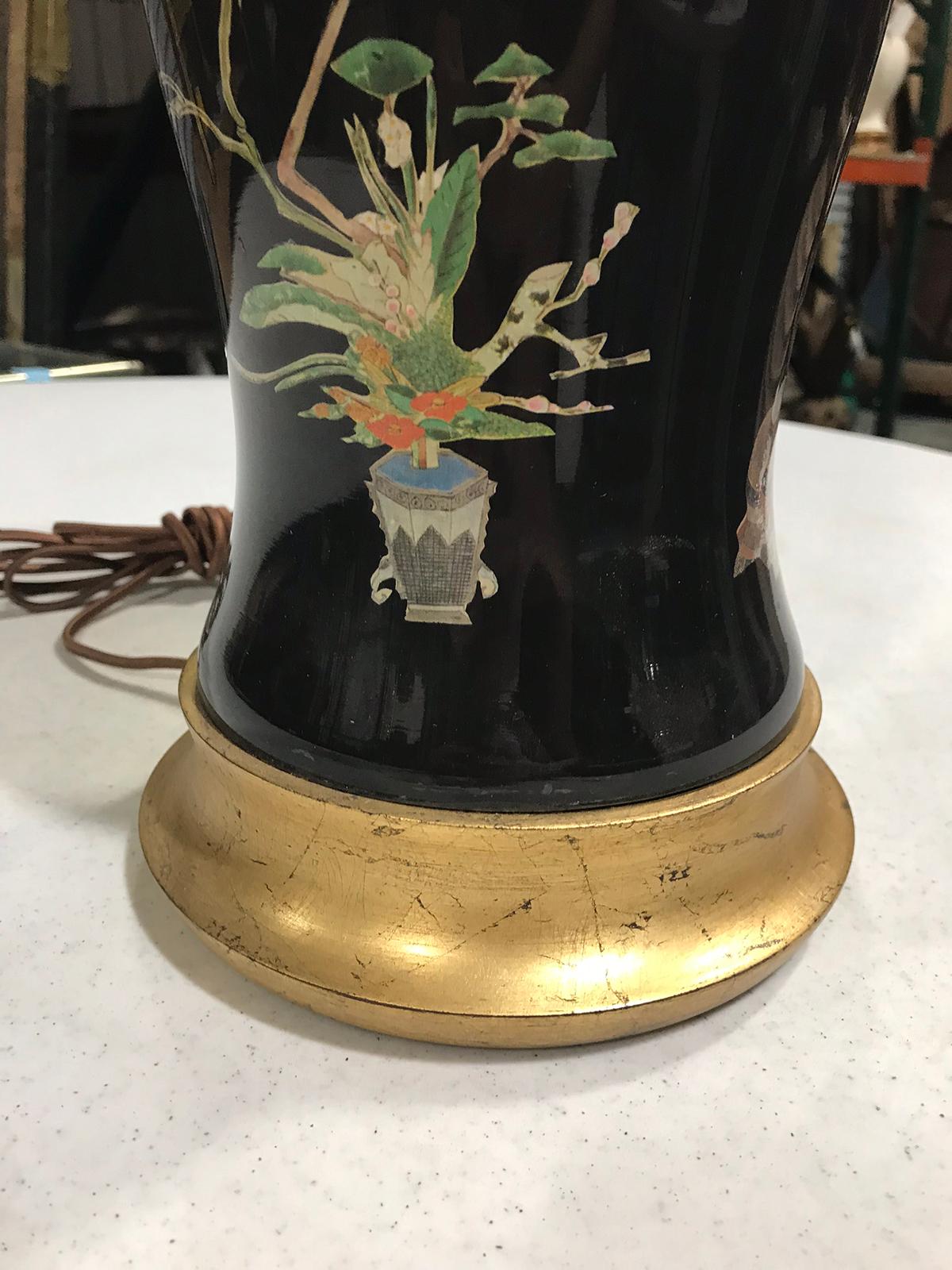 Mid-20th Century Black Decoupage Lamp on Custom Giltwood Base For Sale 2