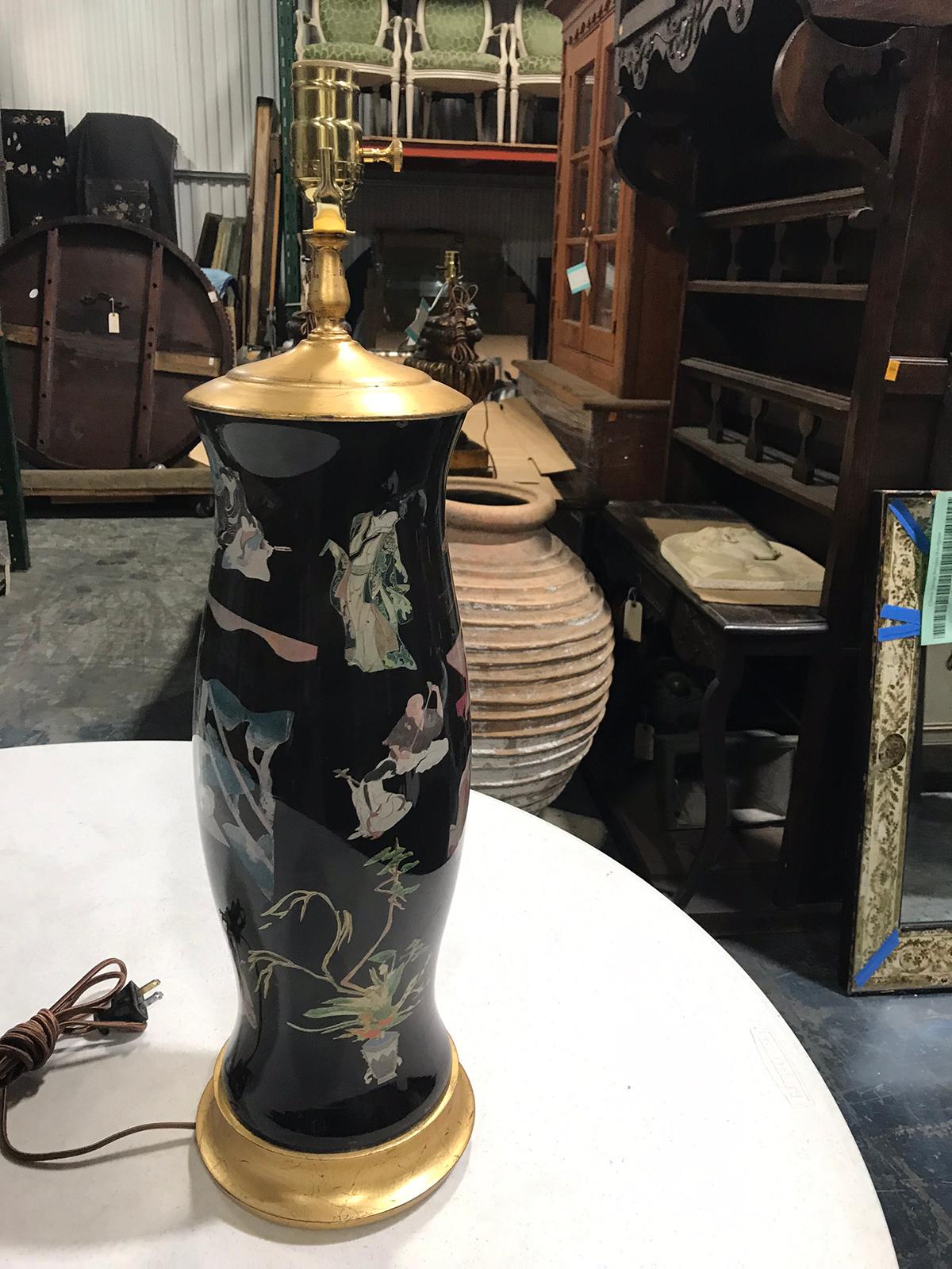 Mid-20th Century Black Decoupage Lamp on Custom Giltwood Base For Sale 3