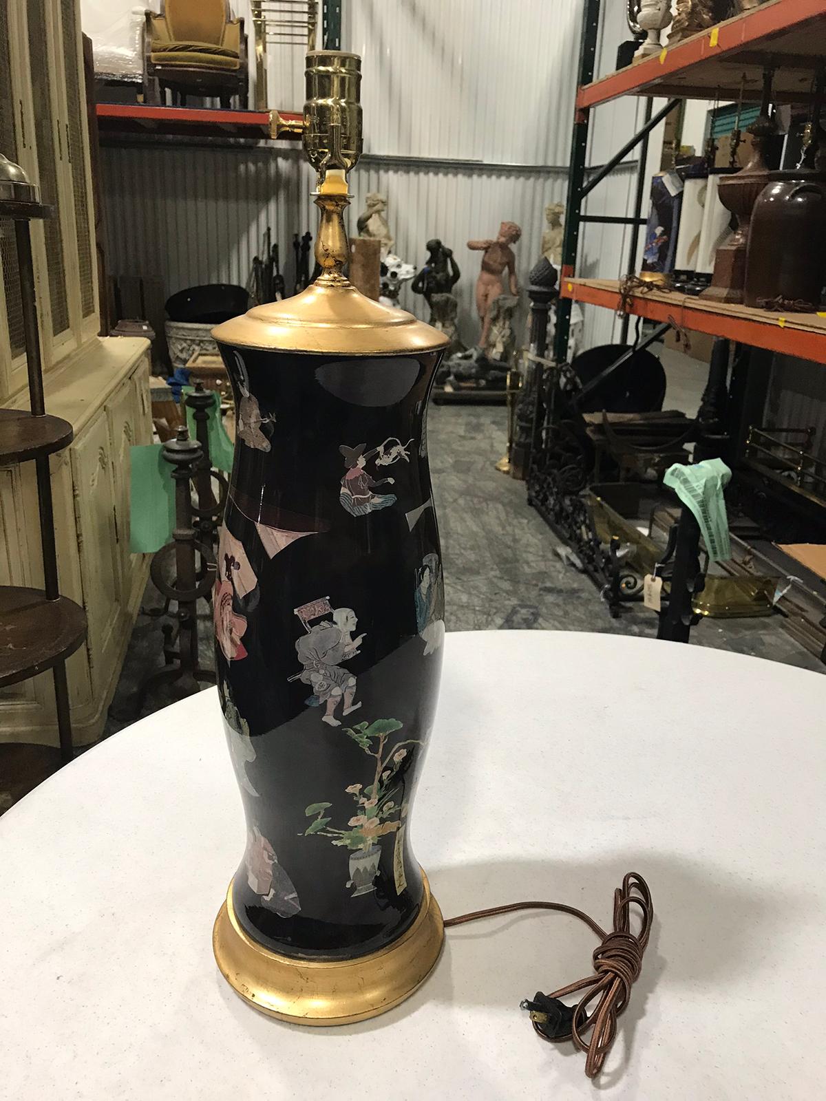 Mid-20th Century Black Decoupage Lamp on Custom Giltwood Base For Sale 4