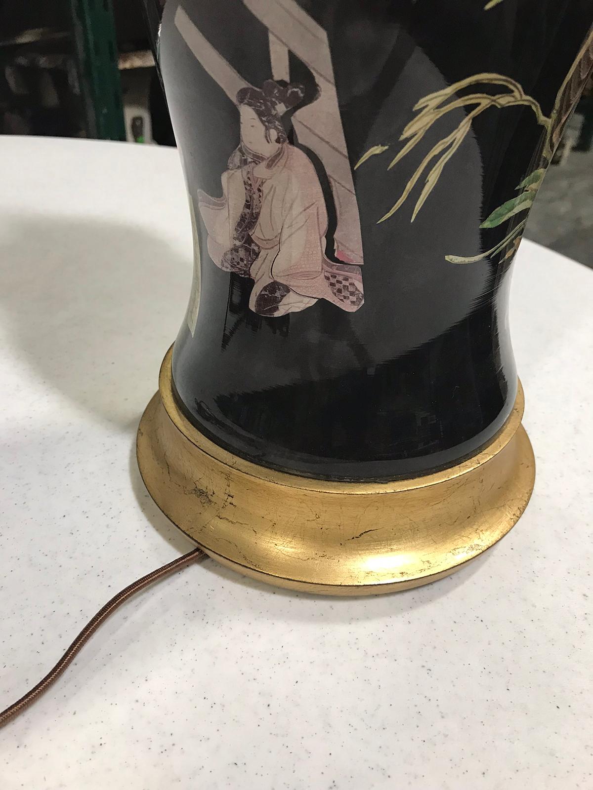 Mid-20th Century Black Decoupage Lamp on Custom Giltwood Base For Sale 6
