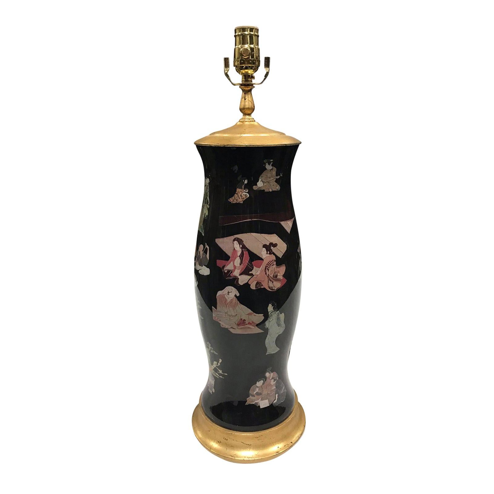 Mid-20th Century Black Decoupage Lamp on Custom Giltwood Base For Sale