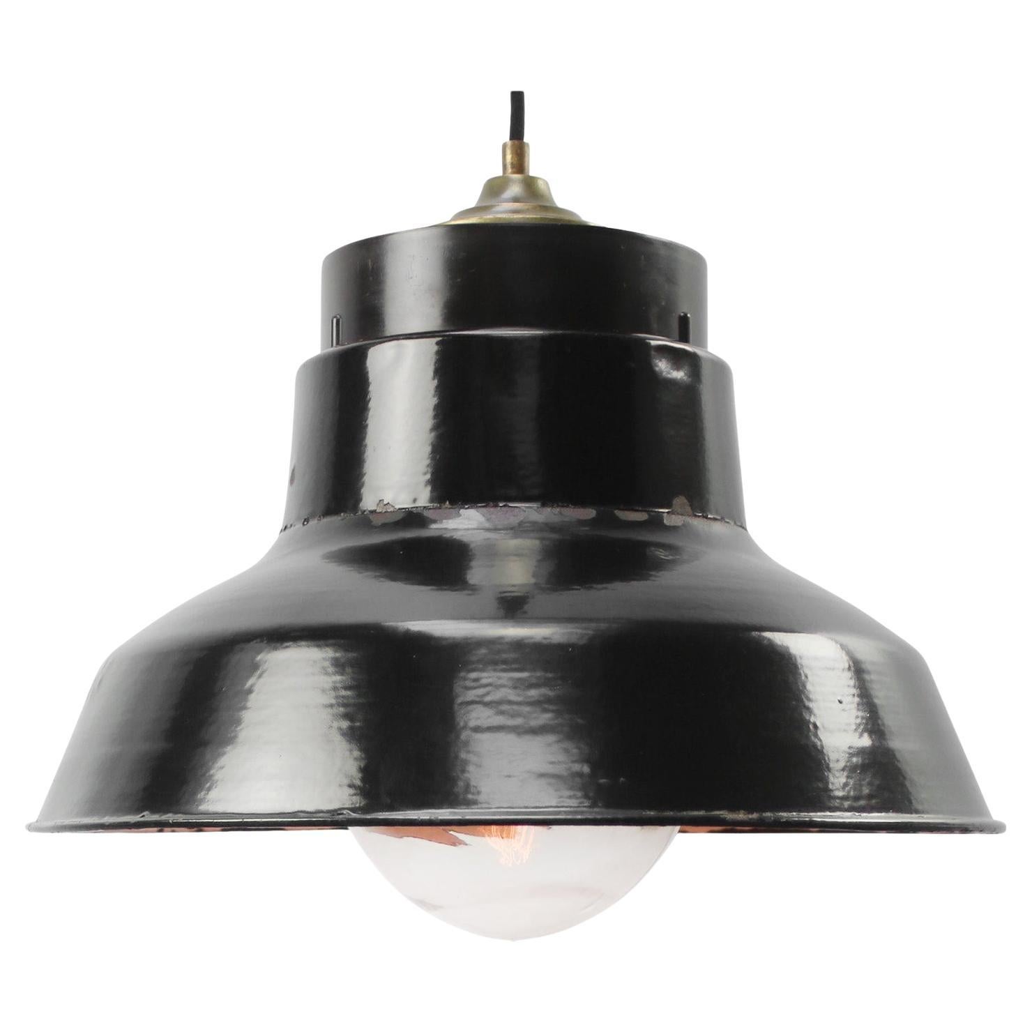 Mid-20th Century Black Enamel Industrial Pendant Light with Brass Top