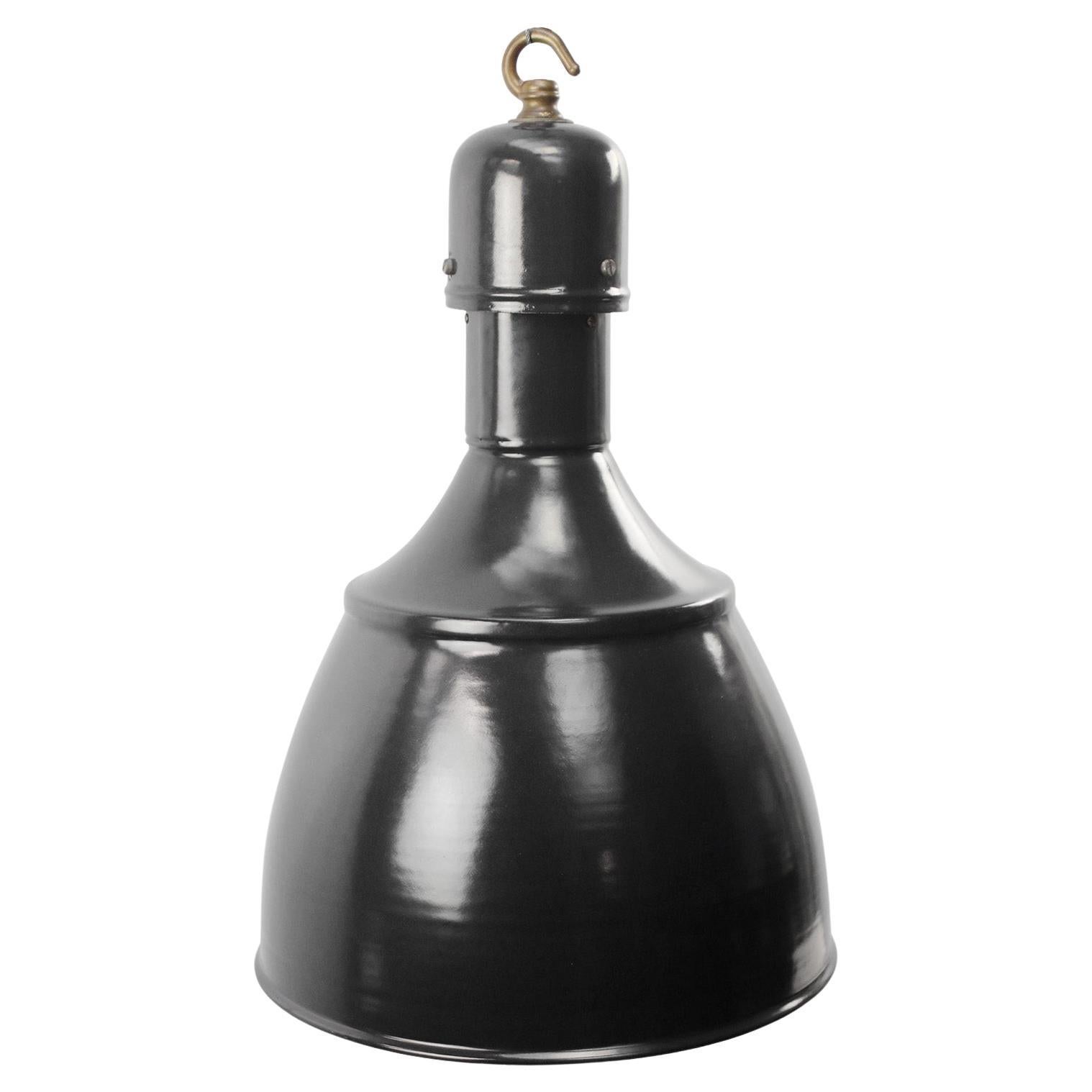 Mid-20th Century Black Enamel Pendant Light with Brass Top For Sale