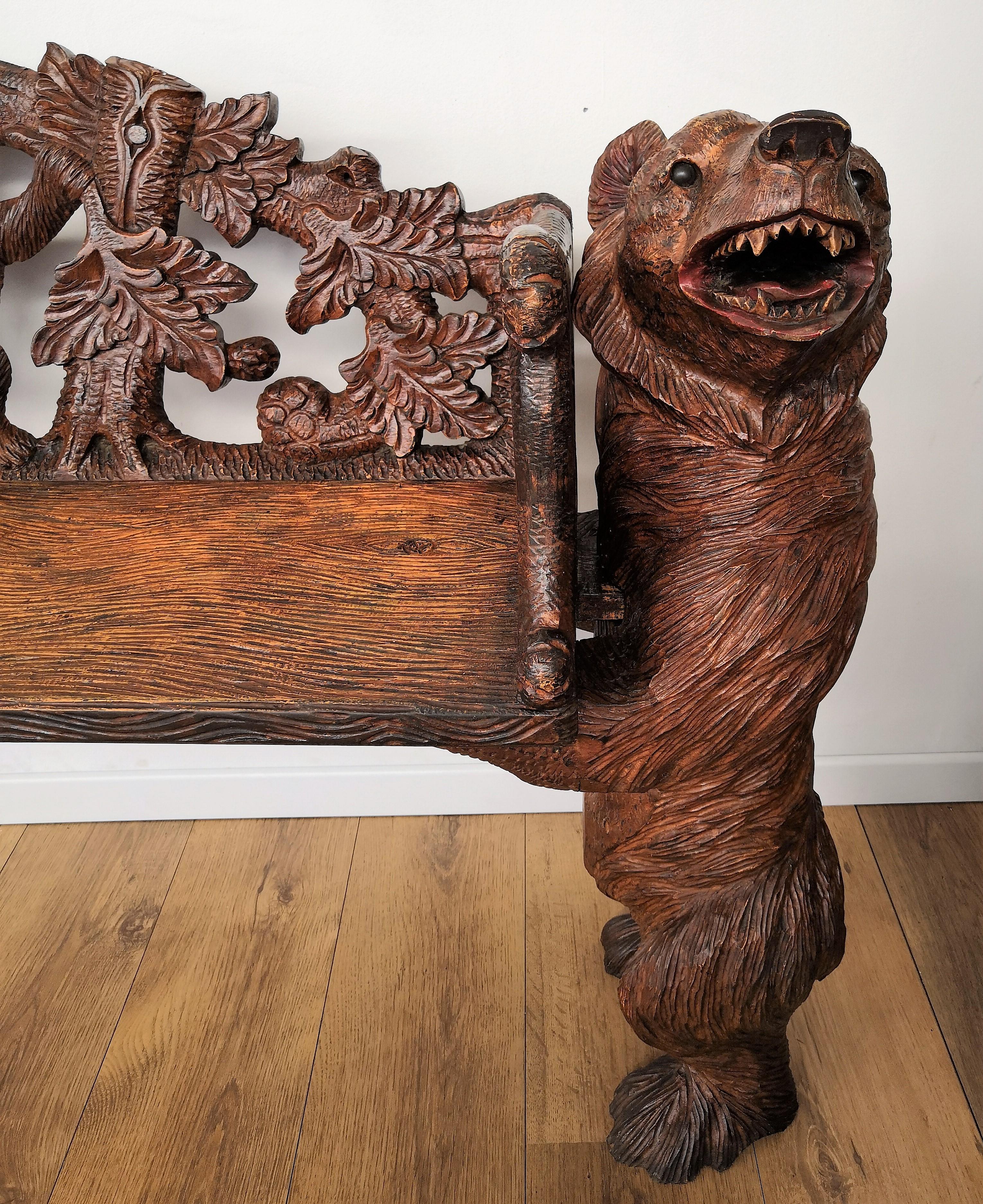 Swiss Mid-20th Century Black Forest Solid Carved Walnut Wood Hall Bear Bench