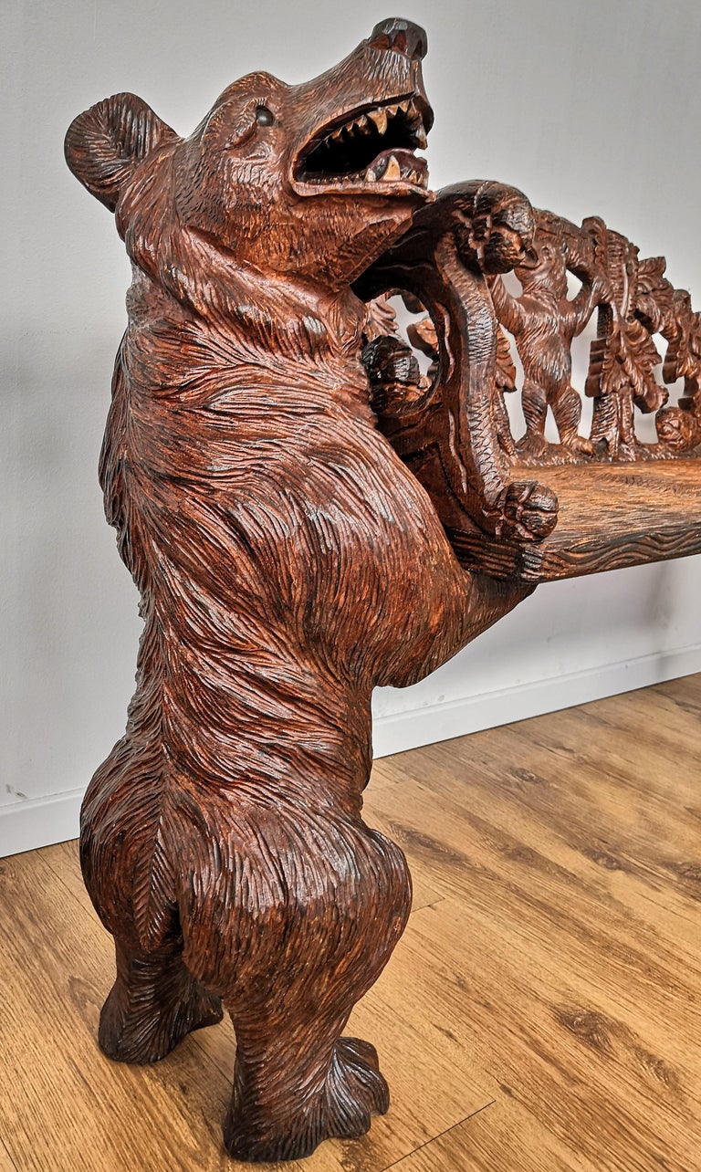 Mid20th Century Black Forest Solid Carved Walnut Wood Hall Bear Bench