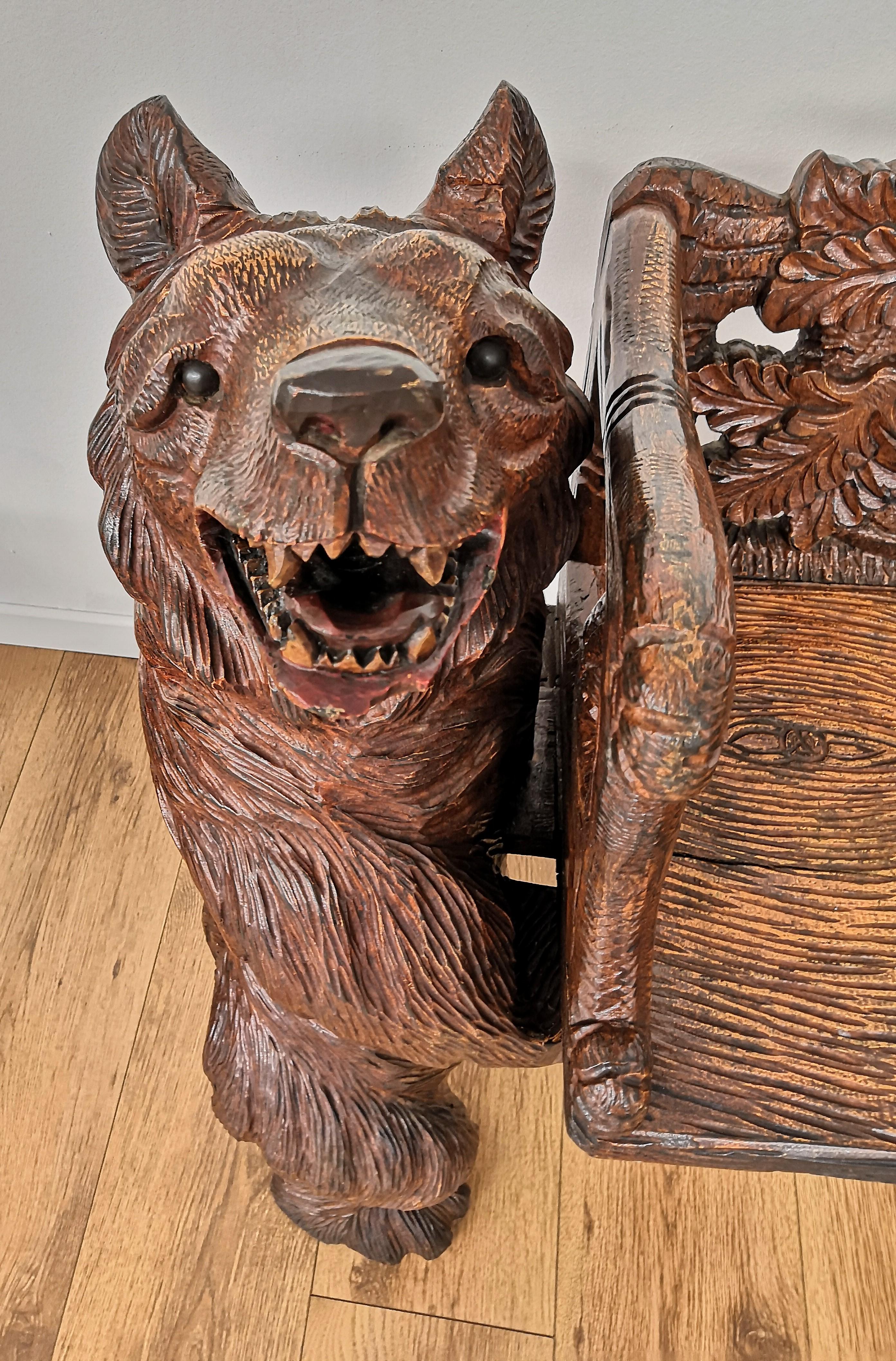 Mid-20th Century Black Forest Solid Carved Walnut Wood Hall Bear Bench 1