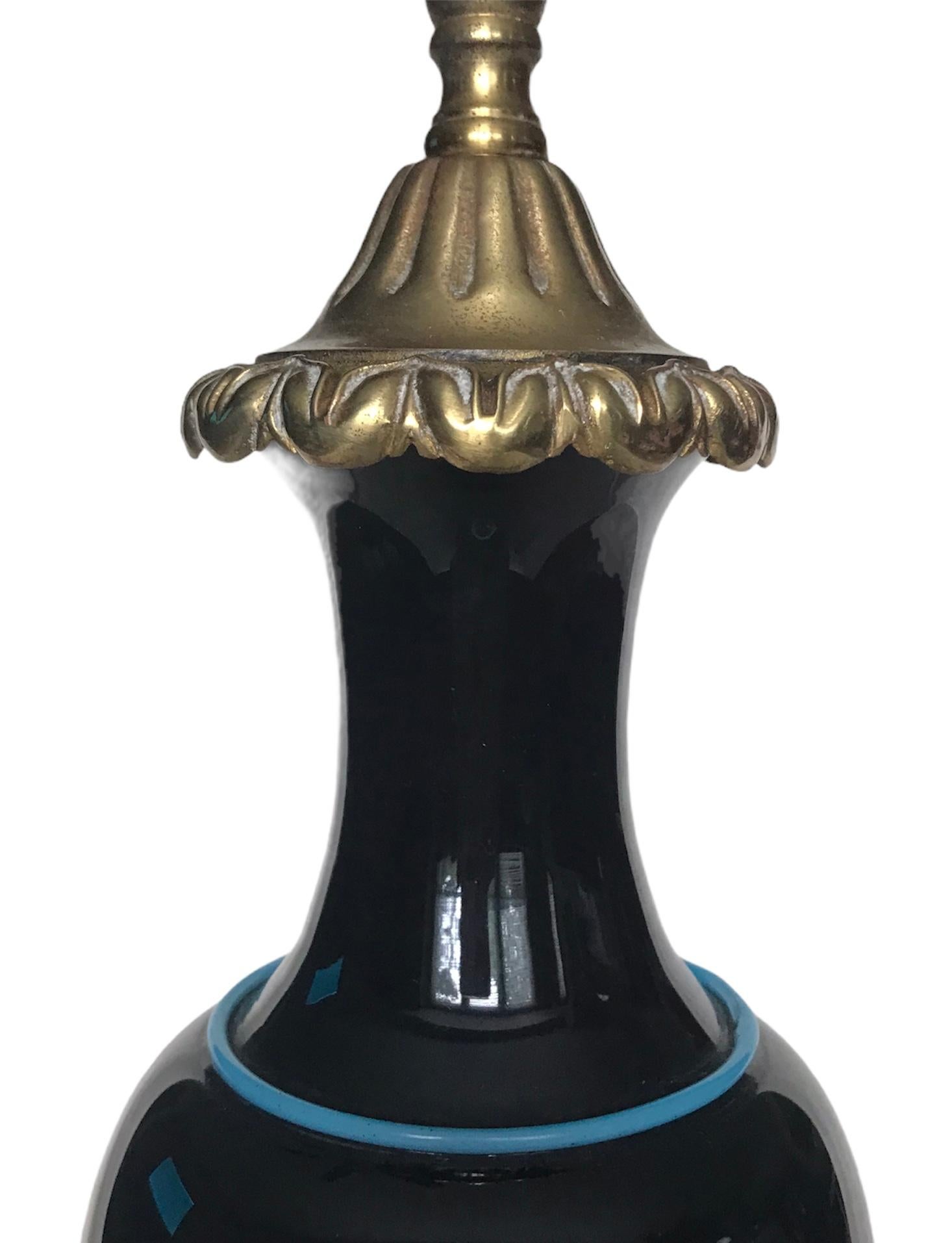 Brass Mid 20th Century Black Glass Table Lamp For Sale