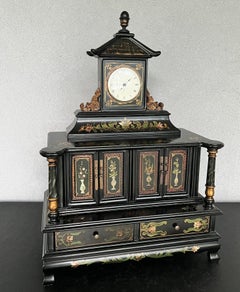 Mid-20th Century Black Lacquer Pagoda Jewelry Box With Clock