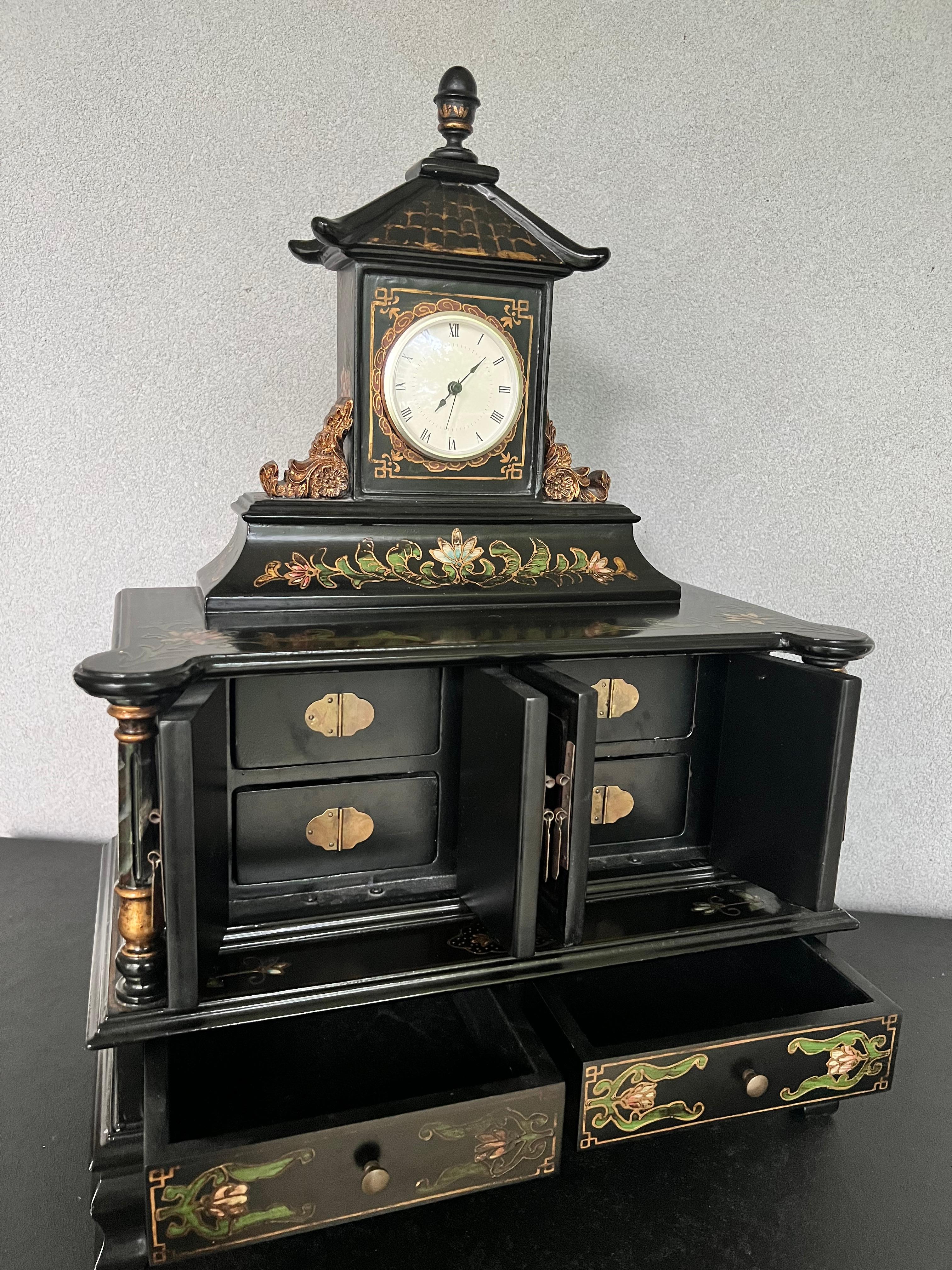 Chinoiserie Mid-20th Century Black Lacquer Pagoda Jewelry Box With Clock  For Sale