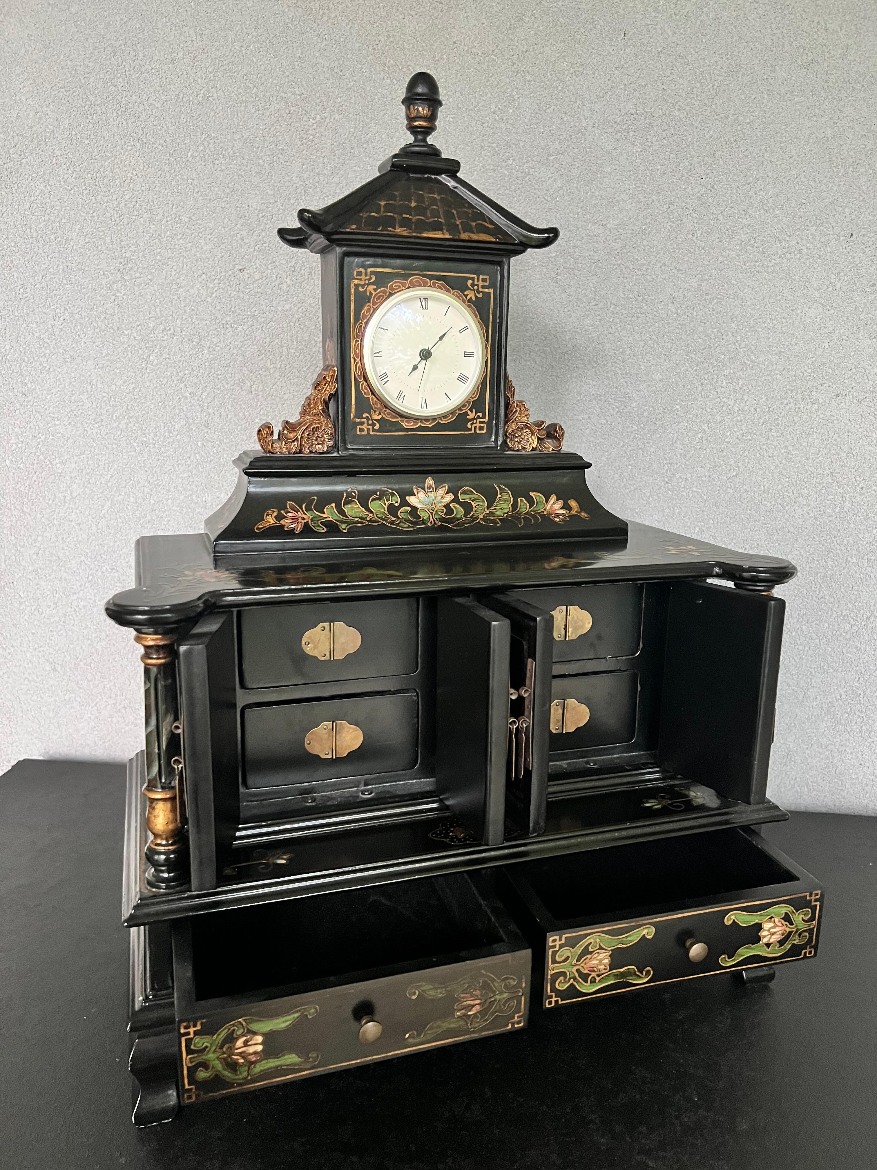 Chinese Mid-20th Century Black Lacquer Pagoda Jewelry Box With Clock  For Sale