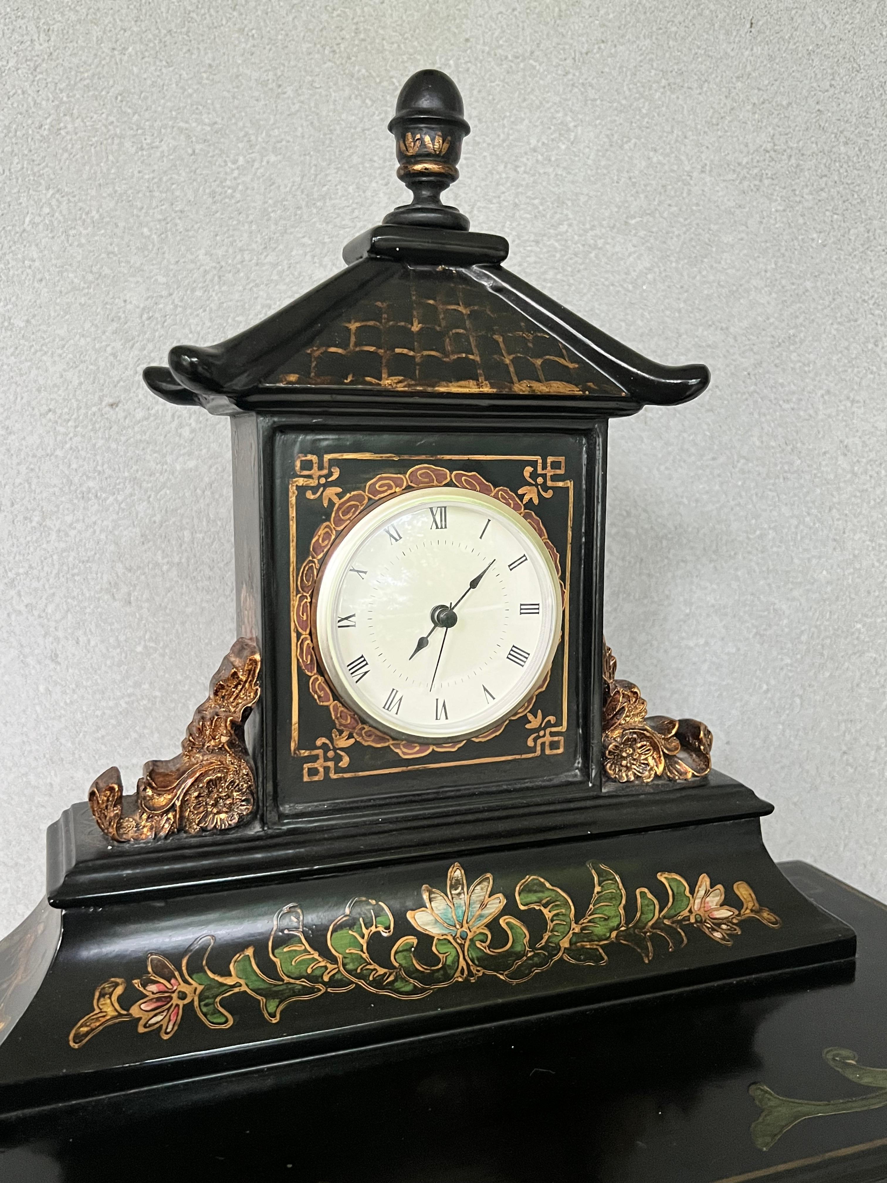 Hand-Painted Mid-20th Century Black Lacquer Pagoda Jewelry Box With Clock  For Sale