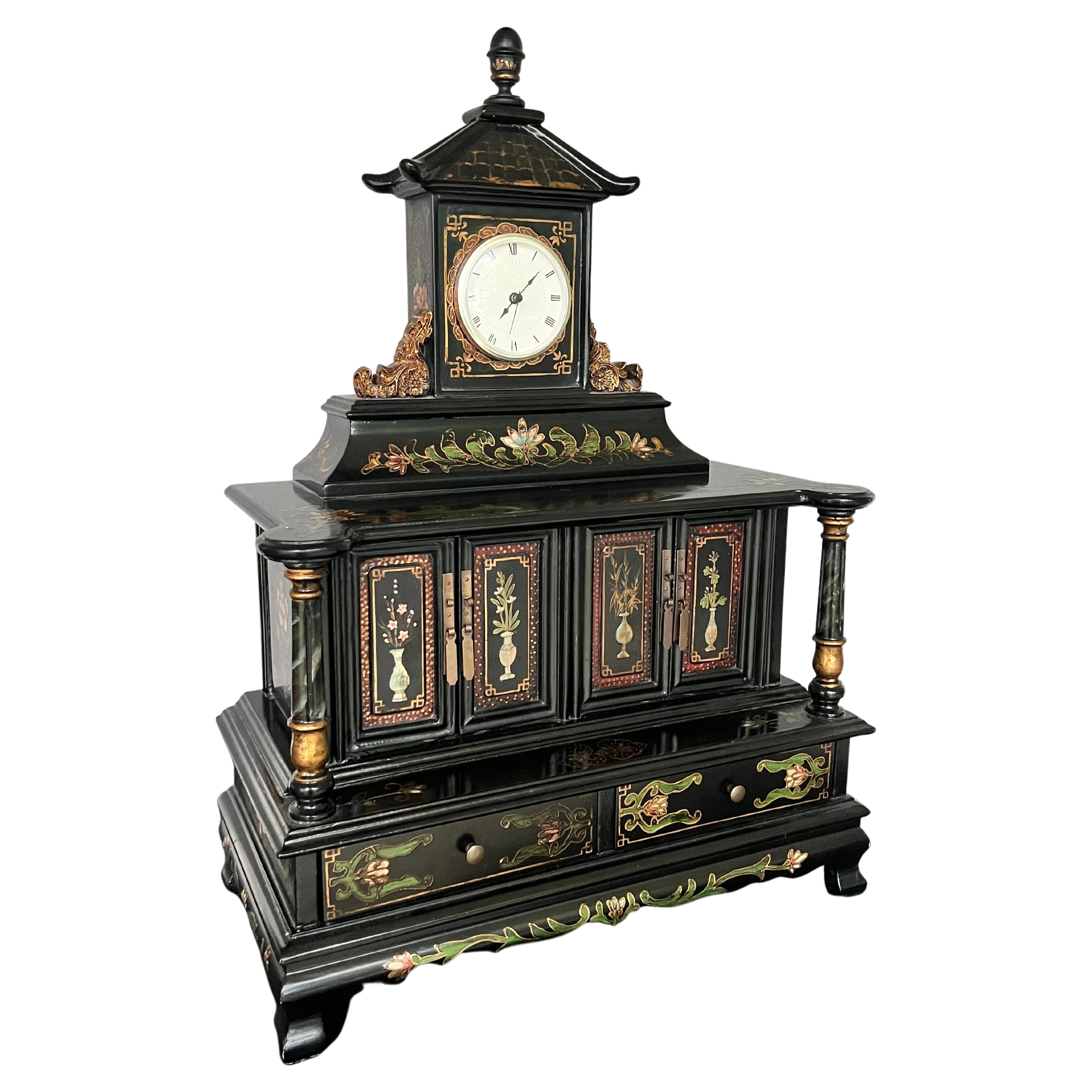 Mid-20th Century Black Lacquer Pagoda Jewelry Box With Clock 