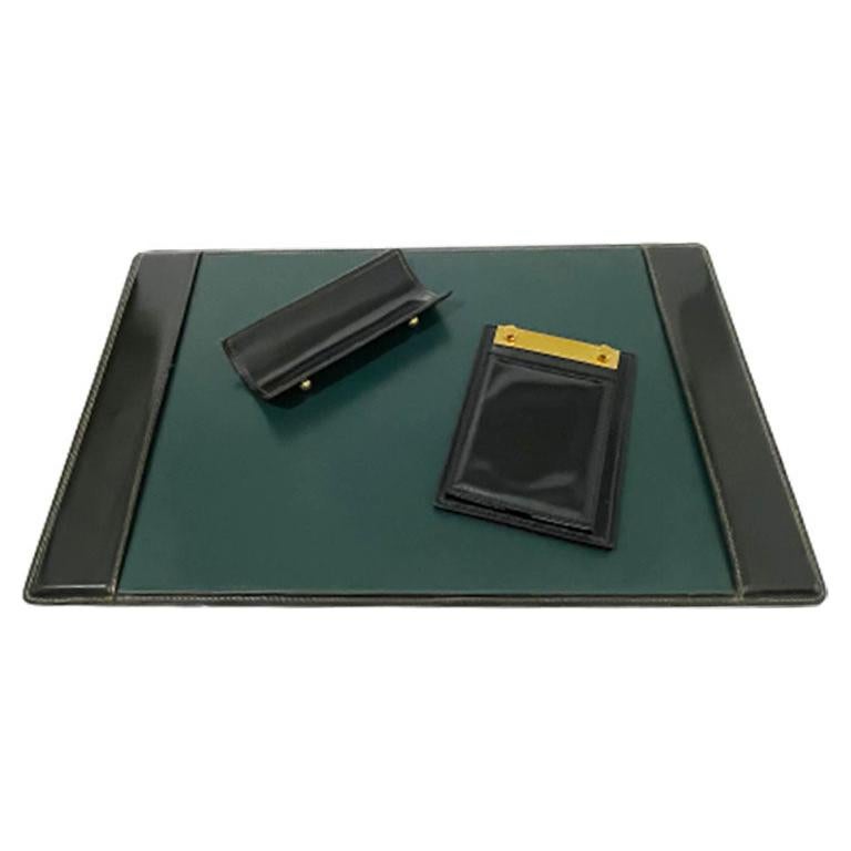 Mid 20th Century Black Leather Stitched Brass Desk Set